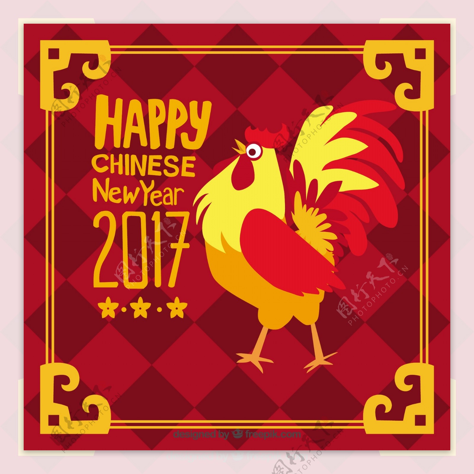 手绘中国新年背景与金色框架公鸡