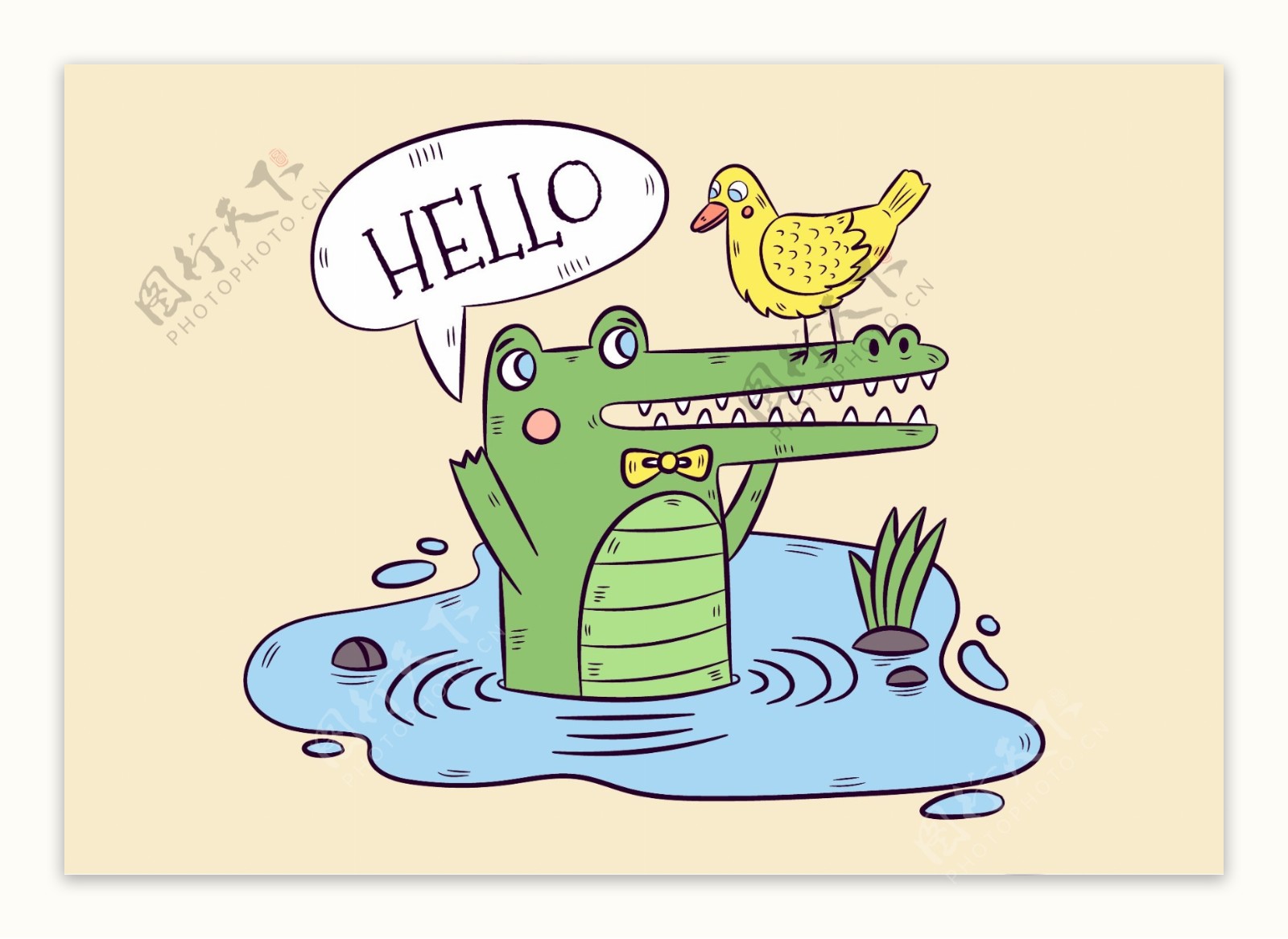 手绘卡通鳄鱼动物插画