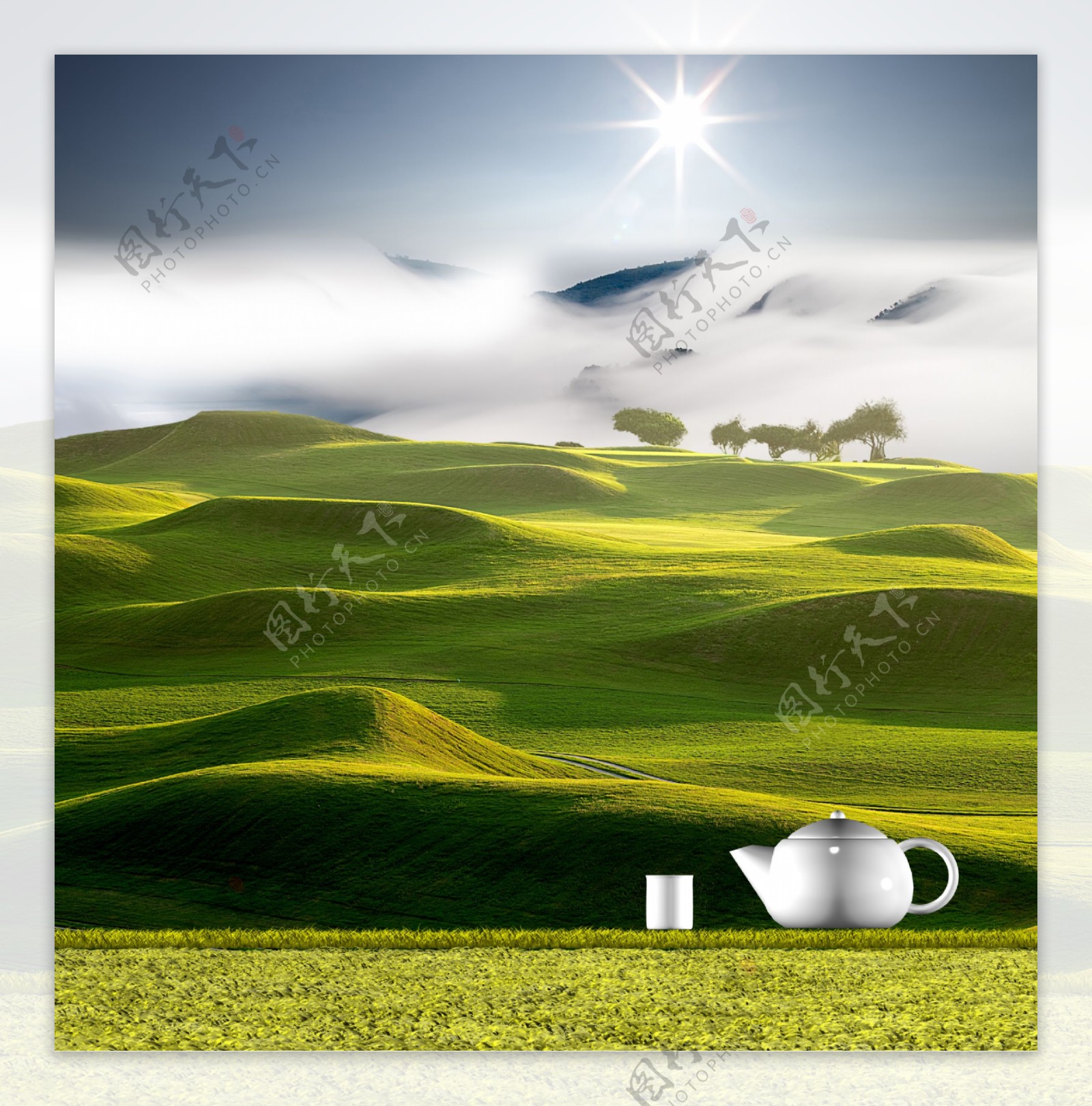 草原与茶壶图片