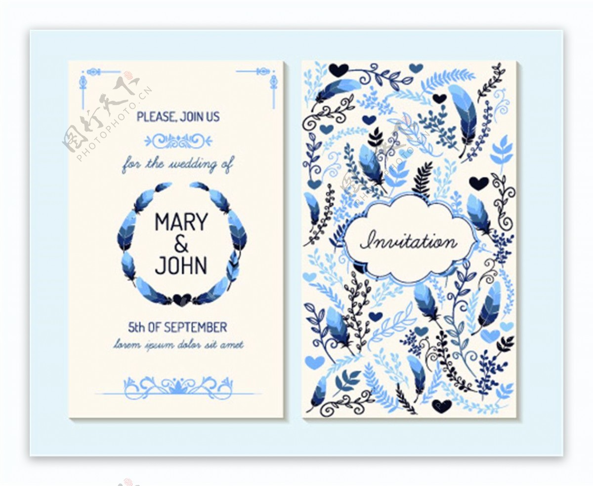 蓝色植物花朵羽毛婚礼贺卡图片