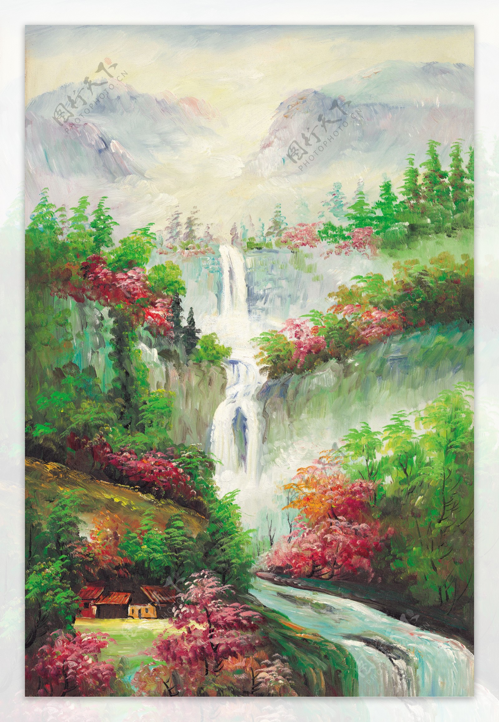 瀑布山水风景油画
