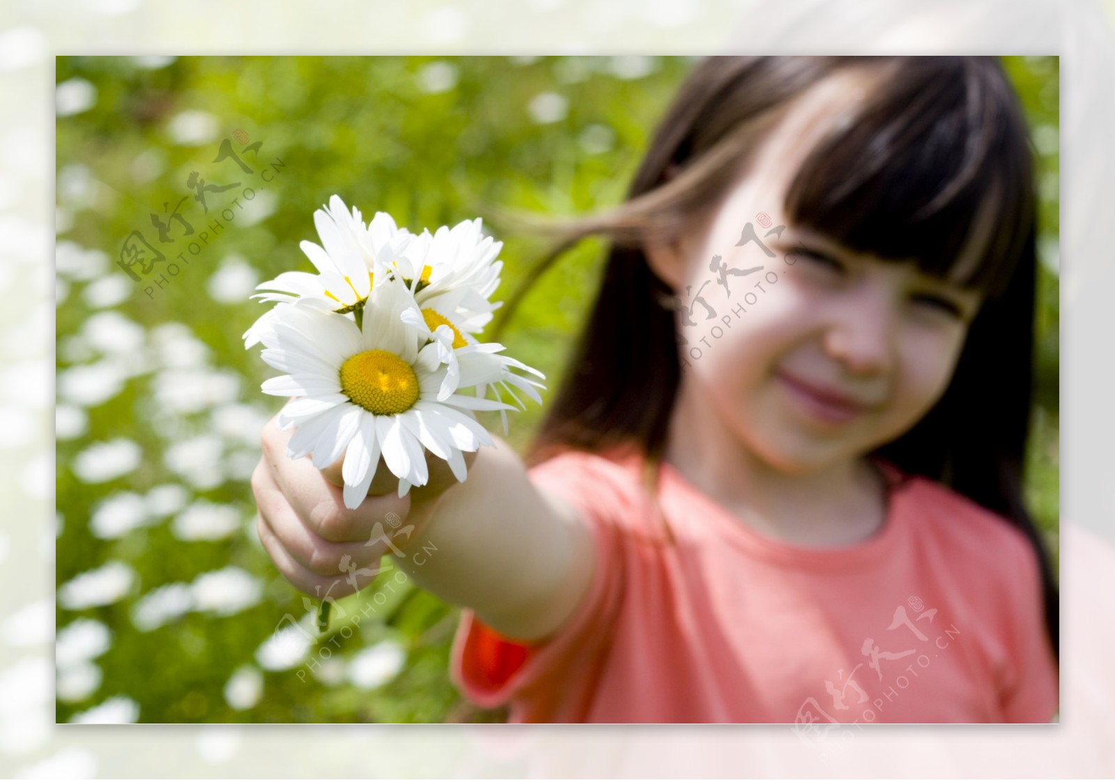 微笑女孩举着白色野花图片