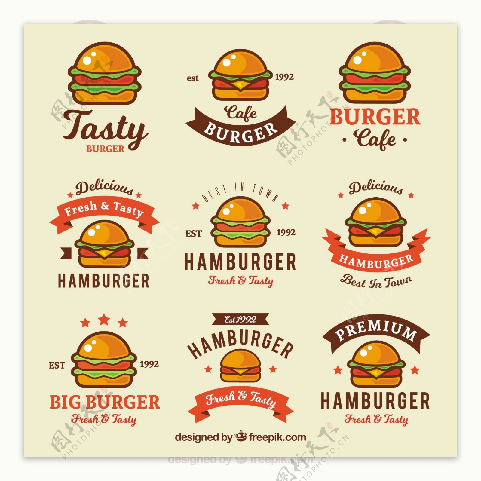 各种彩色汉堡平面标志图标