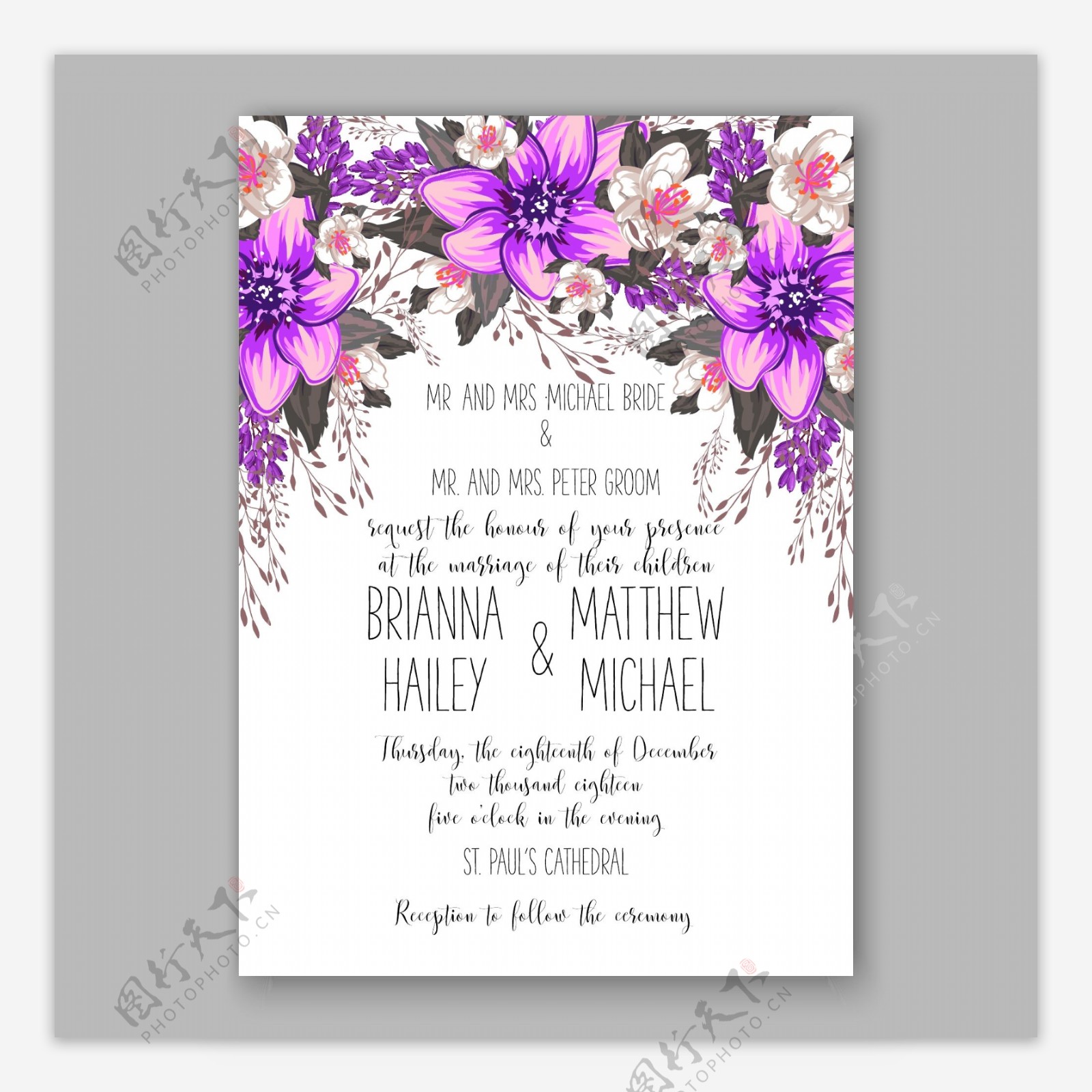 紫色植物花朵婚礼请贴模板下载
