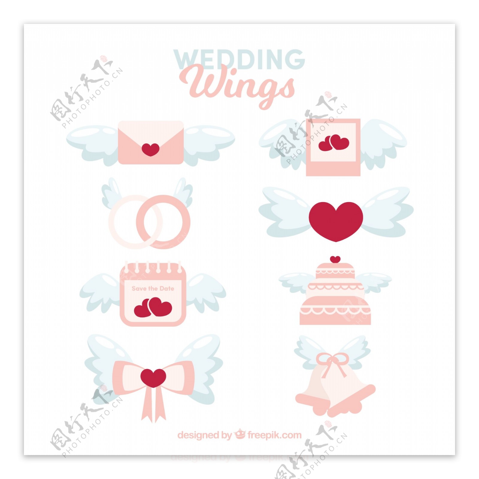 手绘婚礼元素与翅膀图标