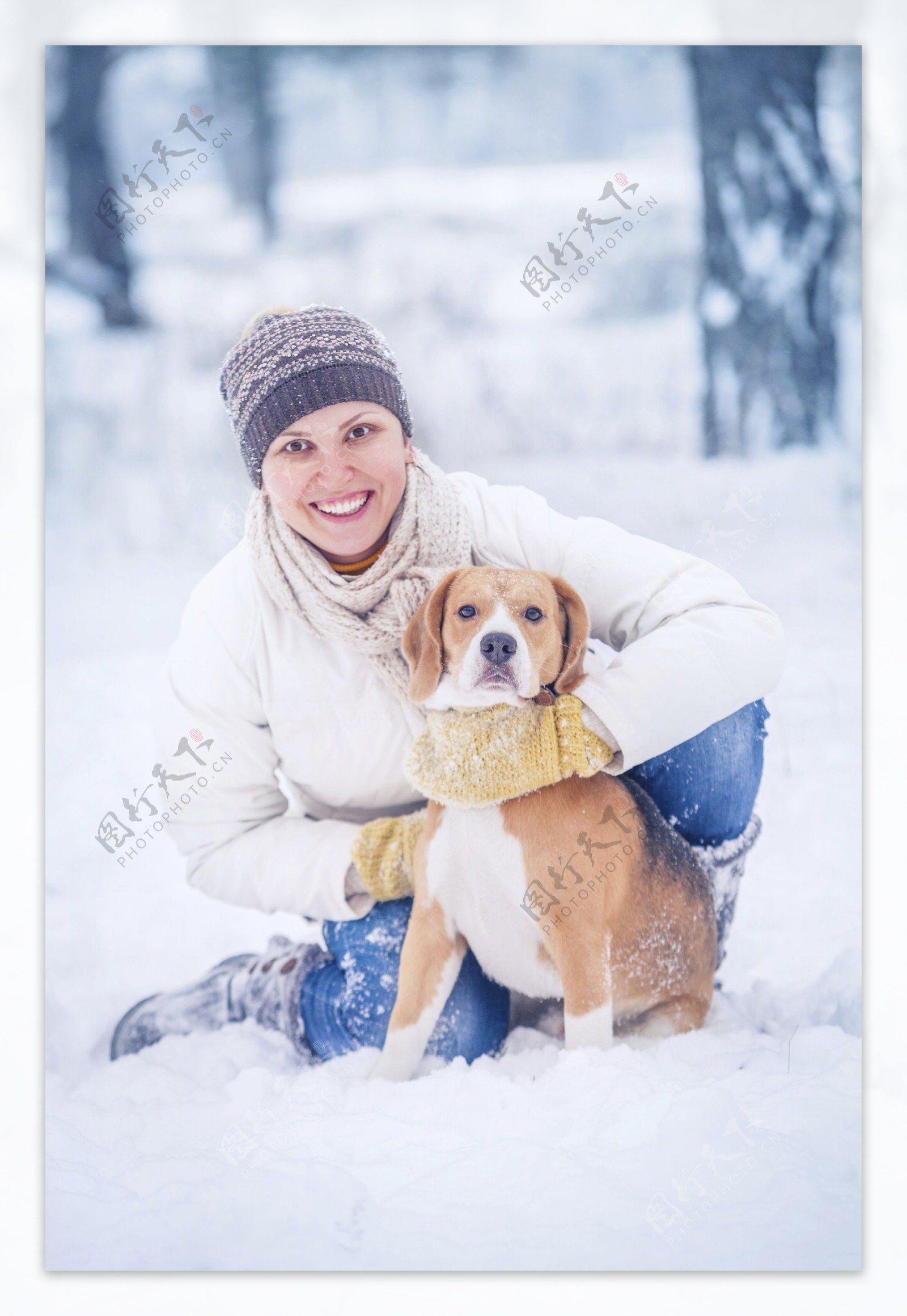 雪地里的美女与宠物狗图片