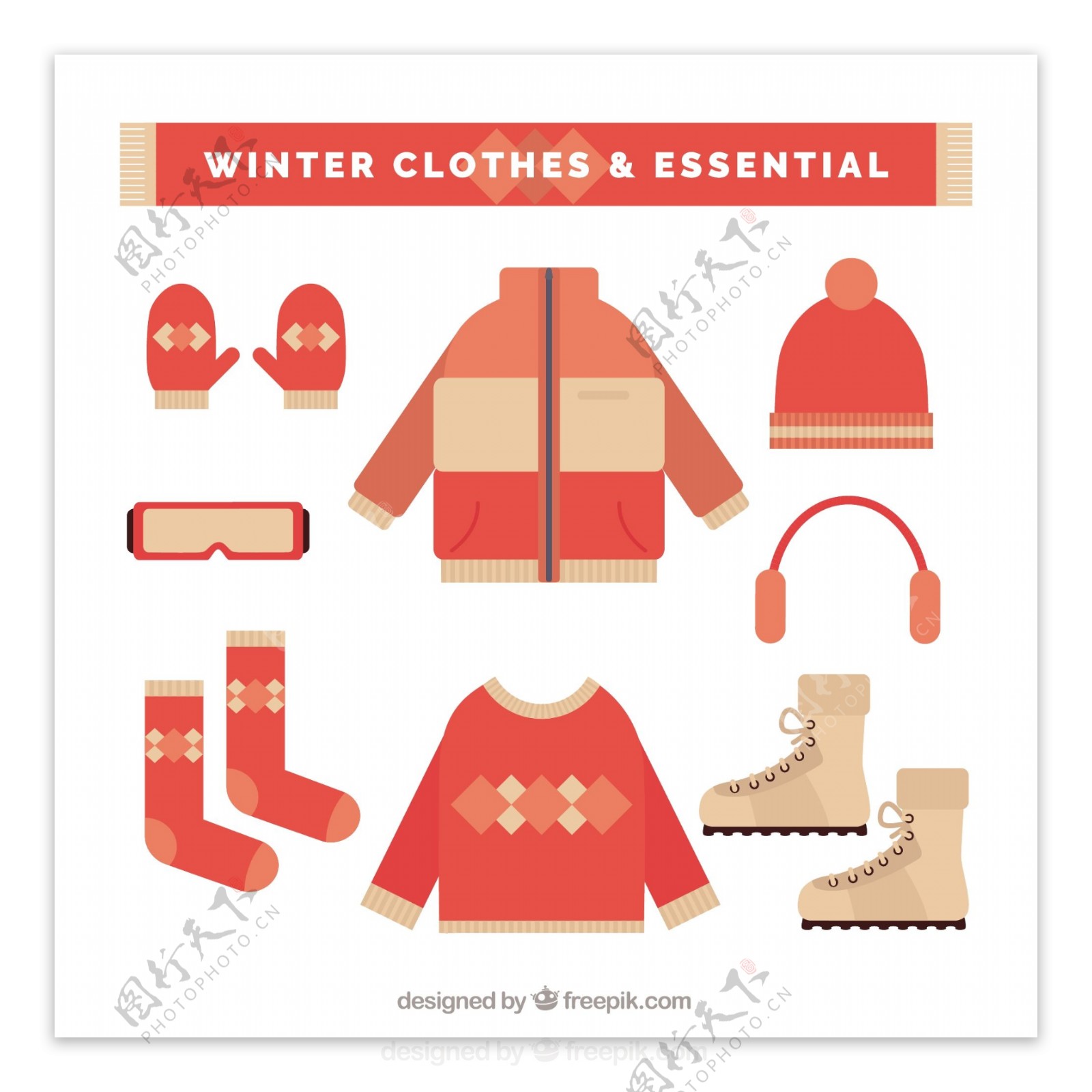 在平面设计中的基本的冬季服装和元素的集合
