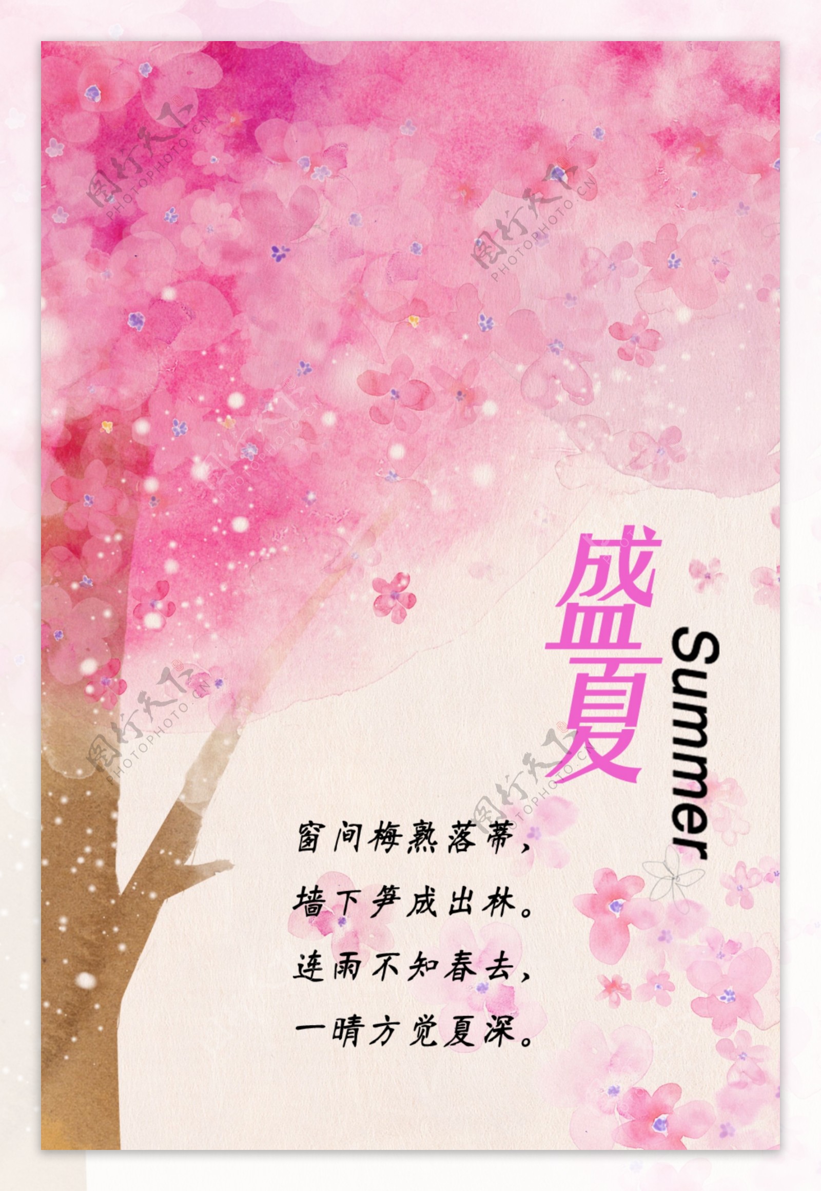 初夏粉色水彩花海报