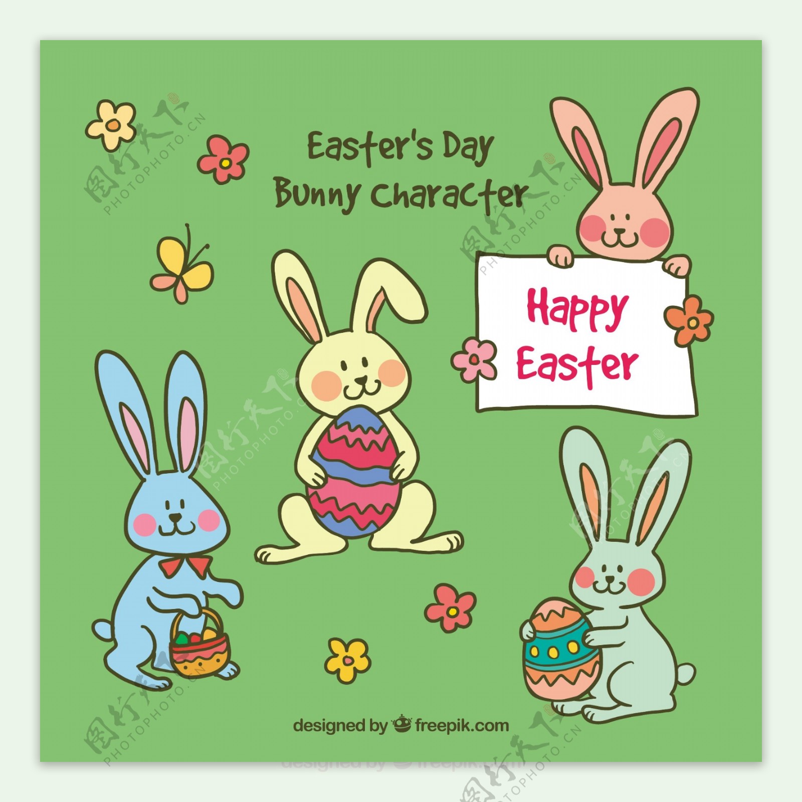 手绘复活节的日子可爱的兔子的角色