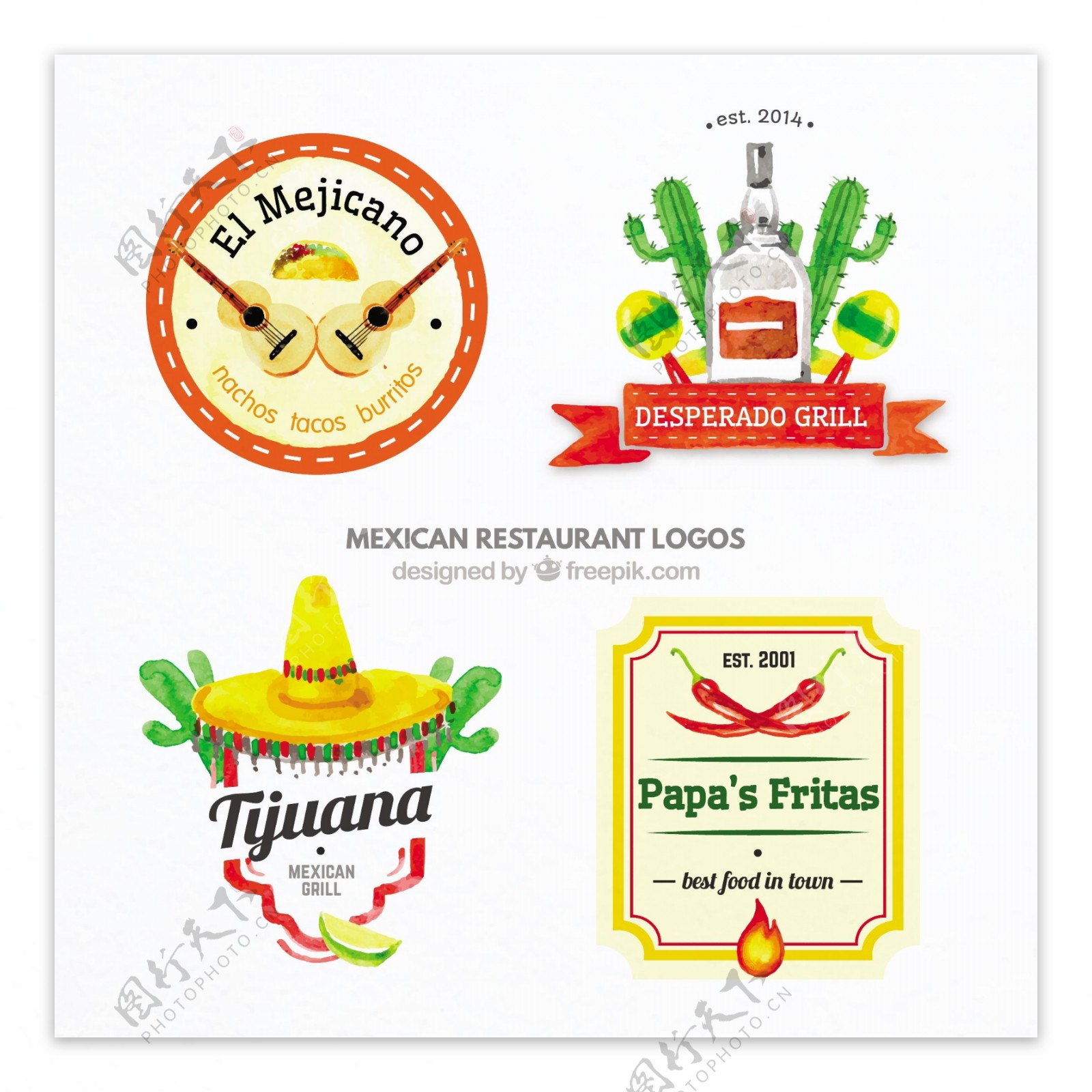 手绘彩色墨西哥食品标识