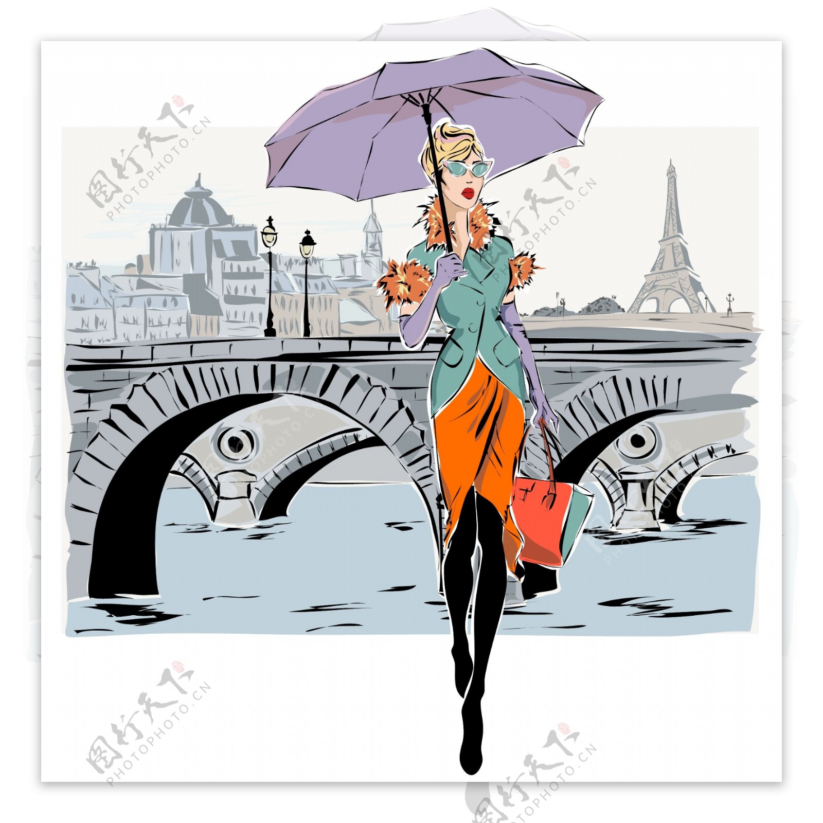 巴黎旅游购物美女插画