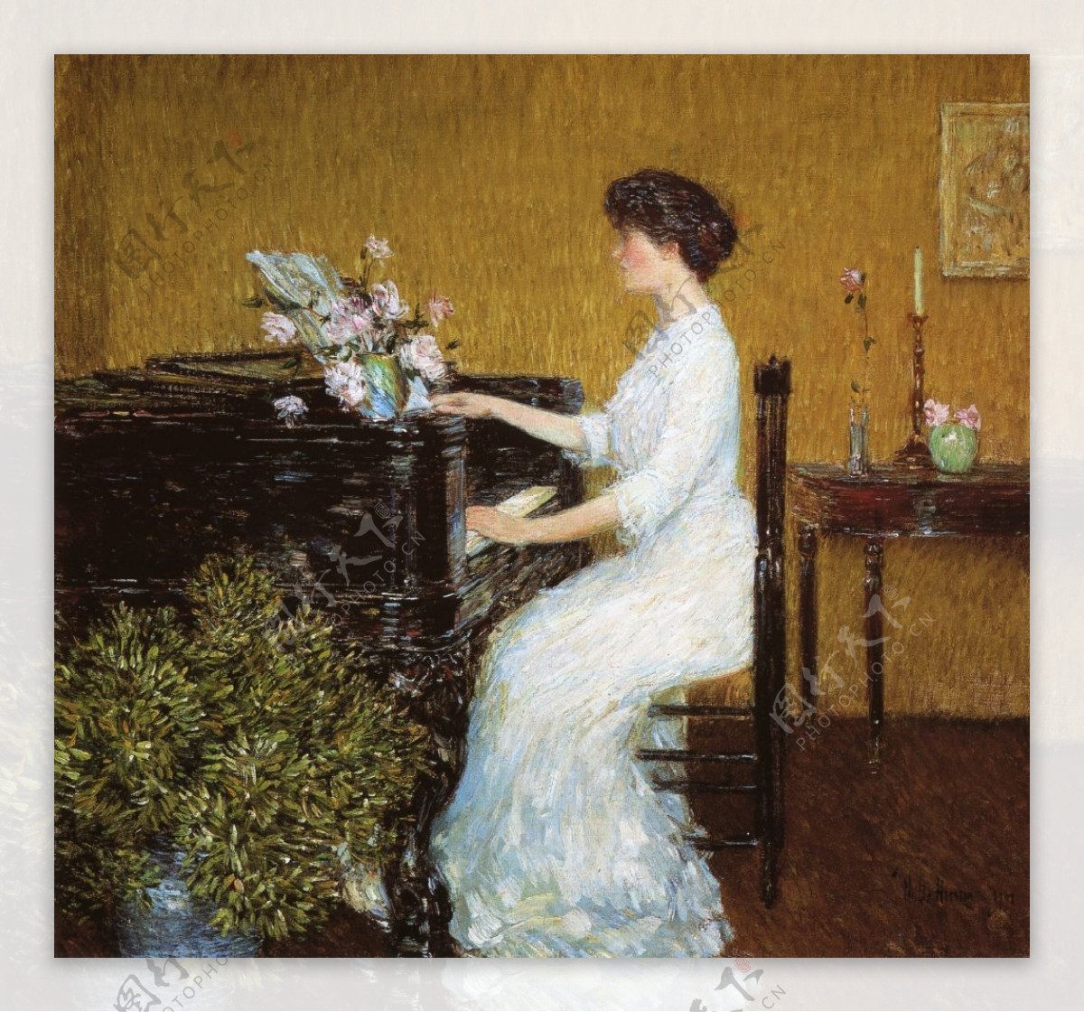 弹钢琴的美女油画图片