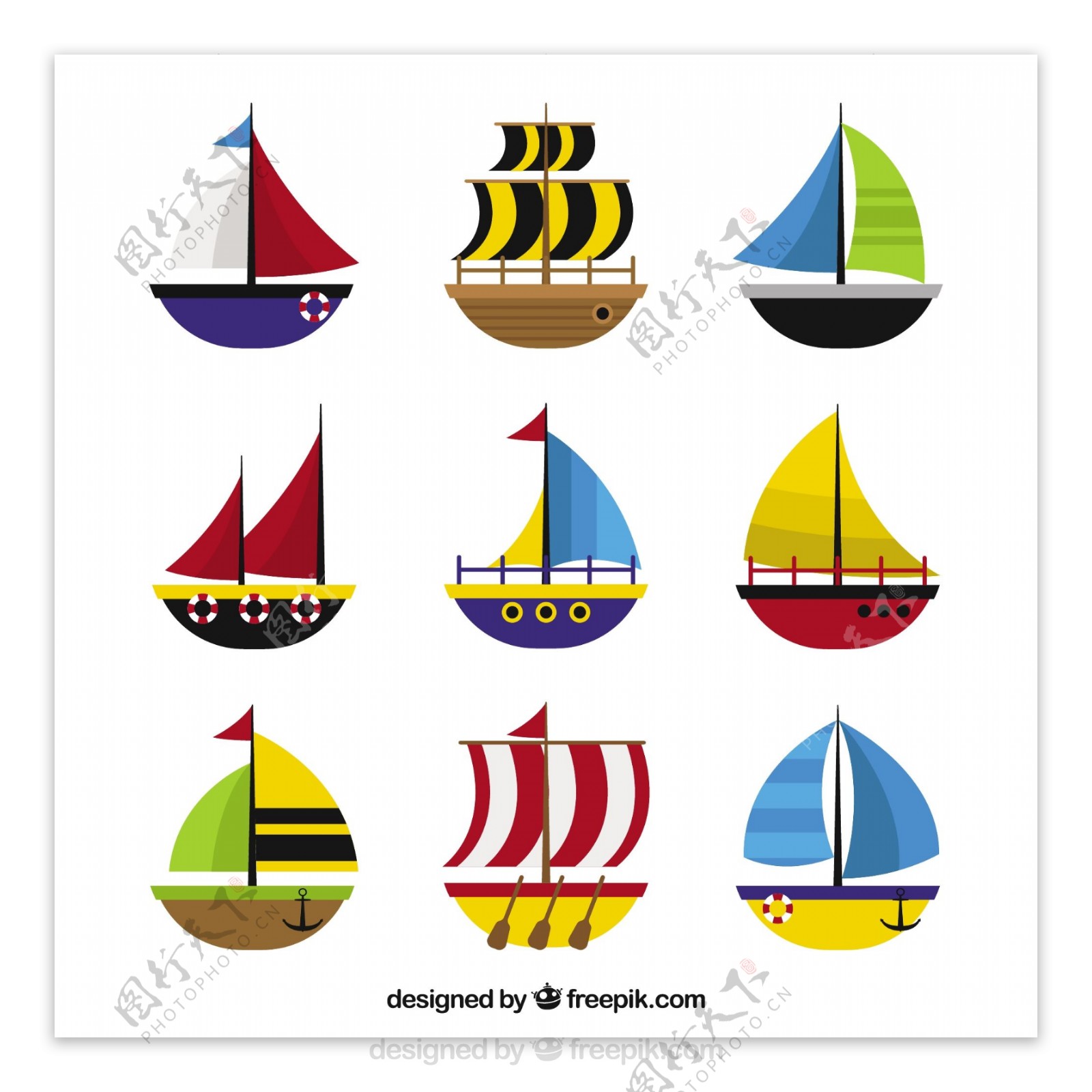 手绘彩色扁平风格彩色帆船图标