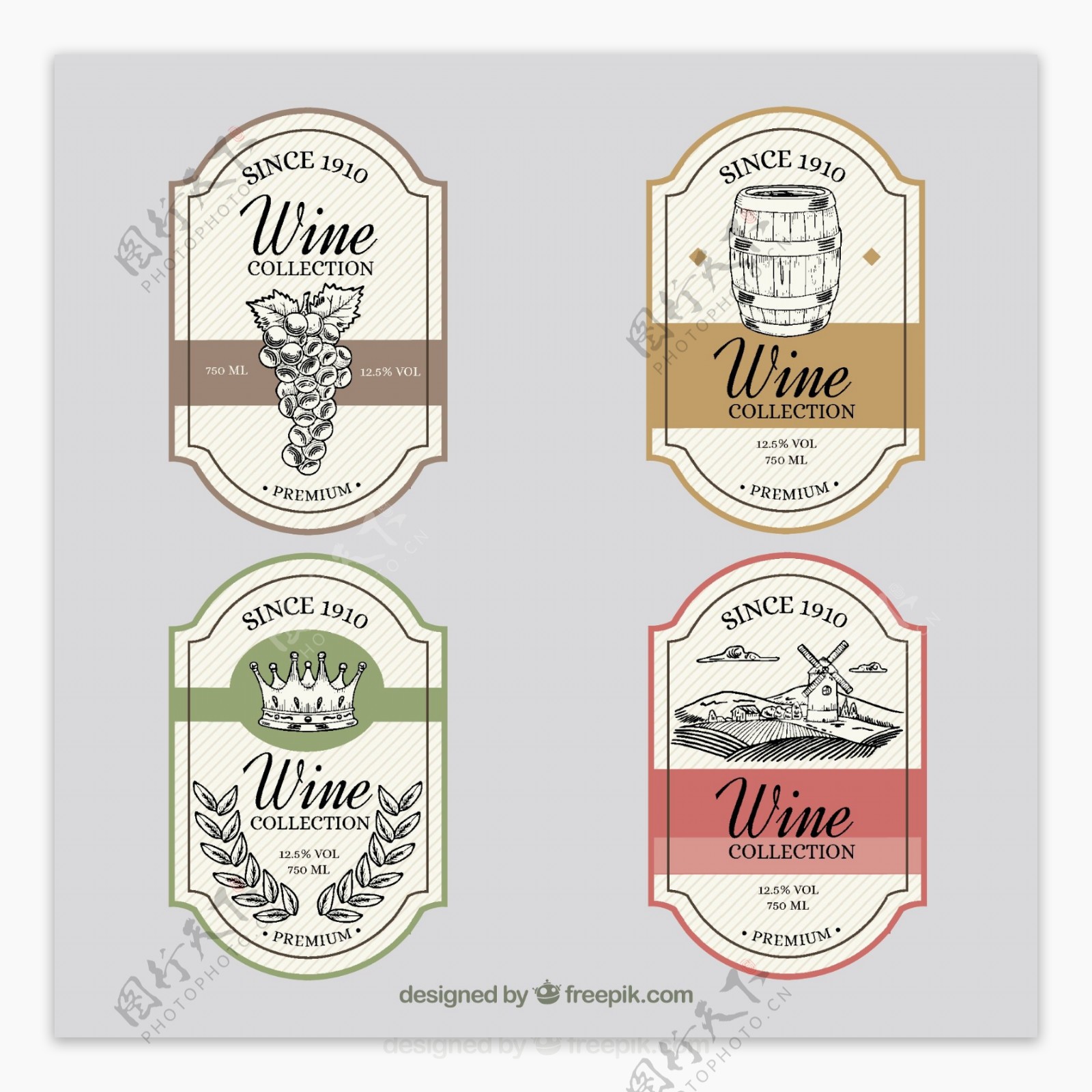 手绘复古风格葡萄酒标签
