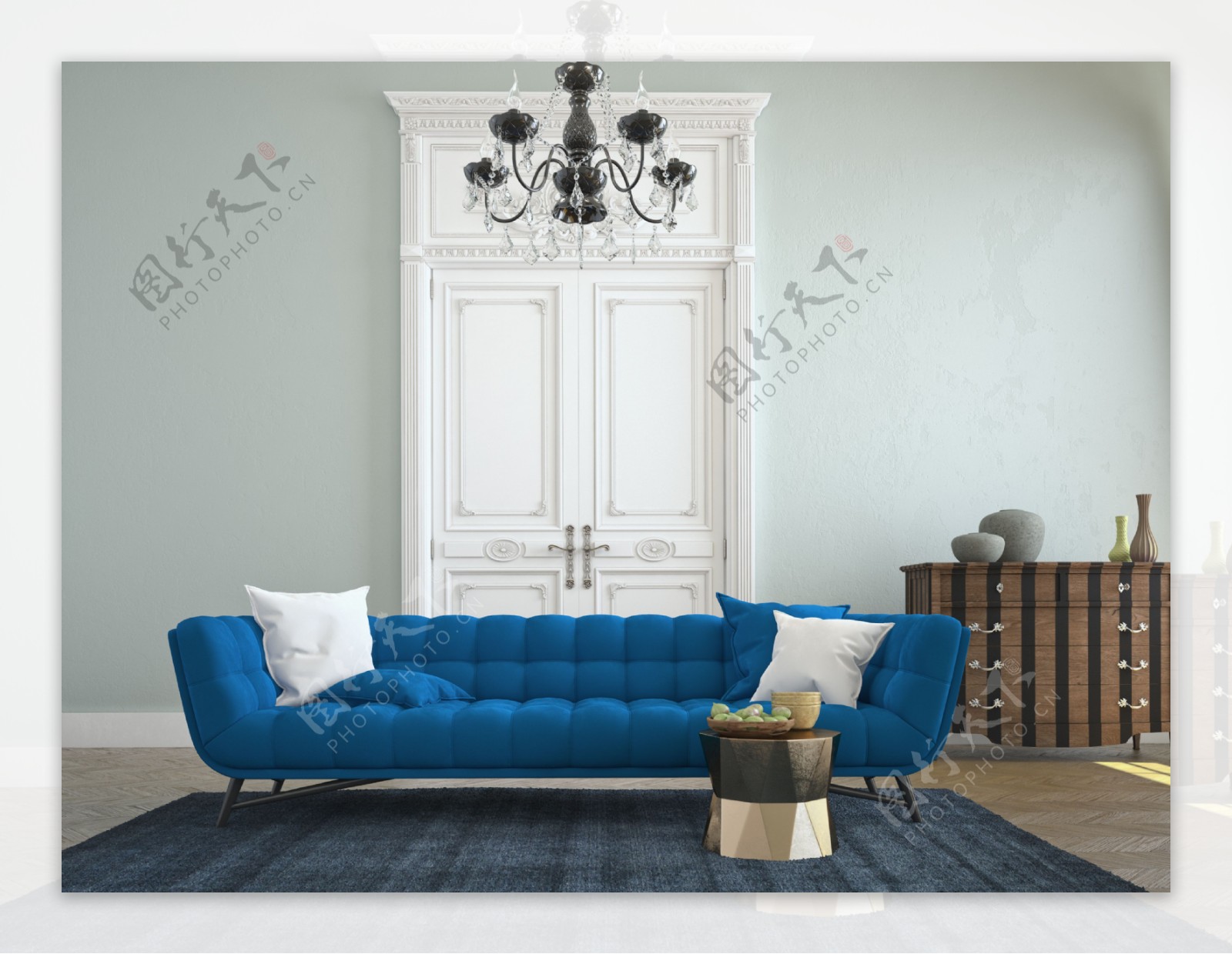 室内的蓝色沙发图片