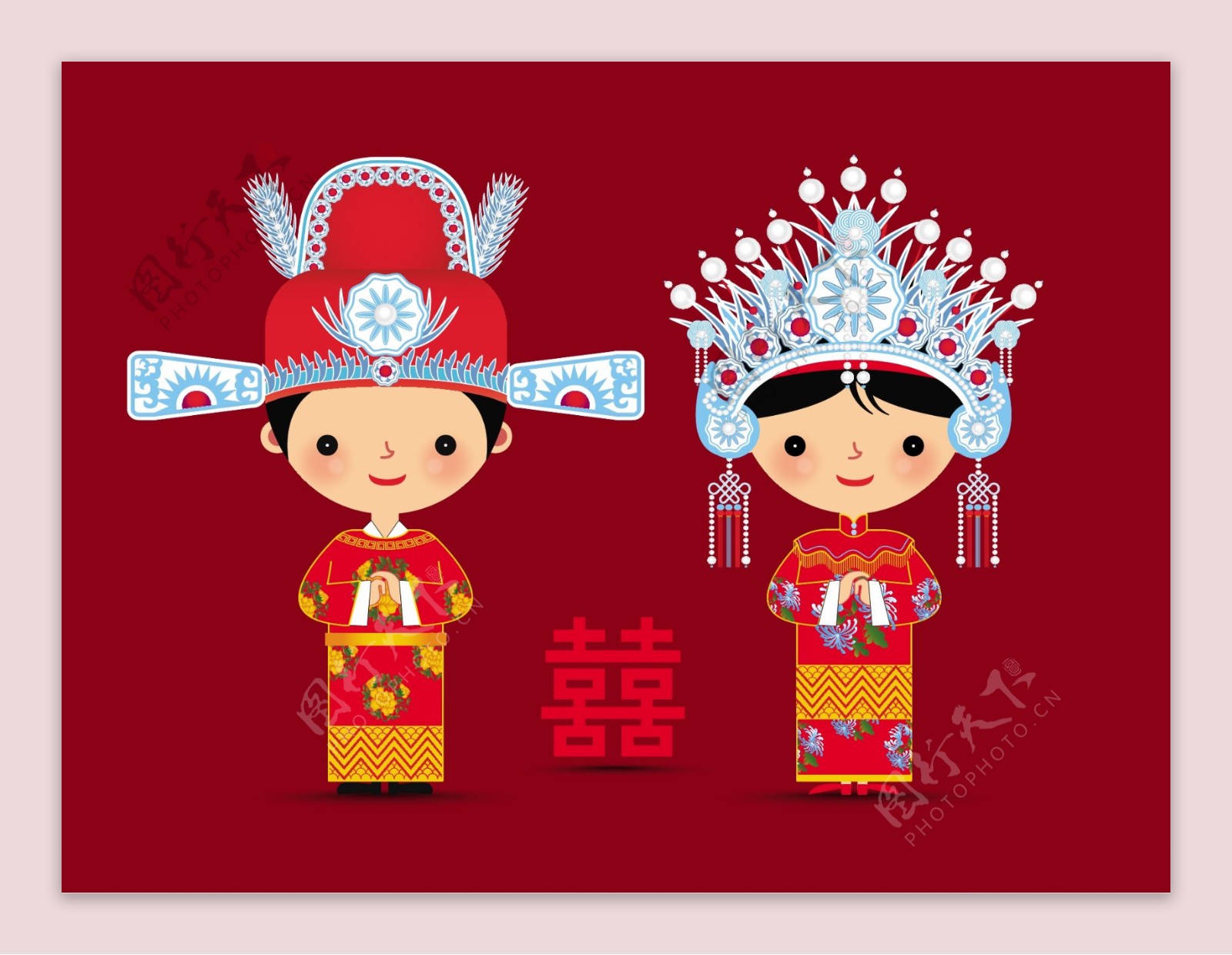 红色中式婚礼卡通新人矢量设计素材
