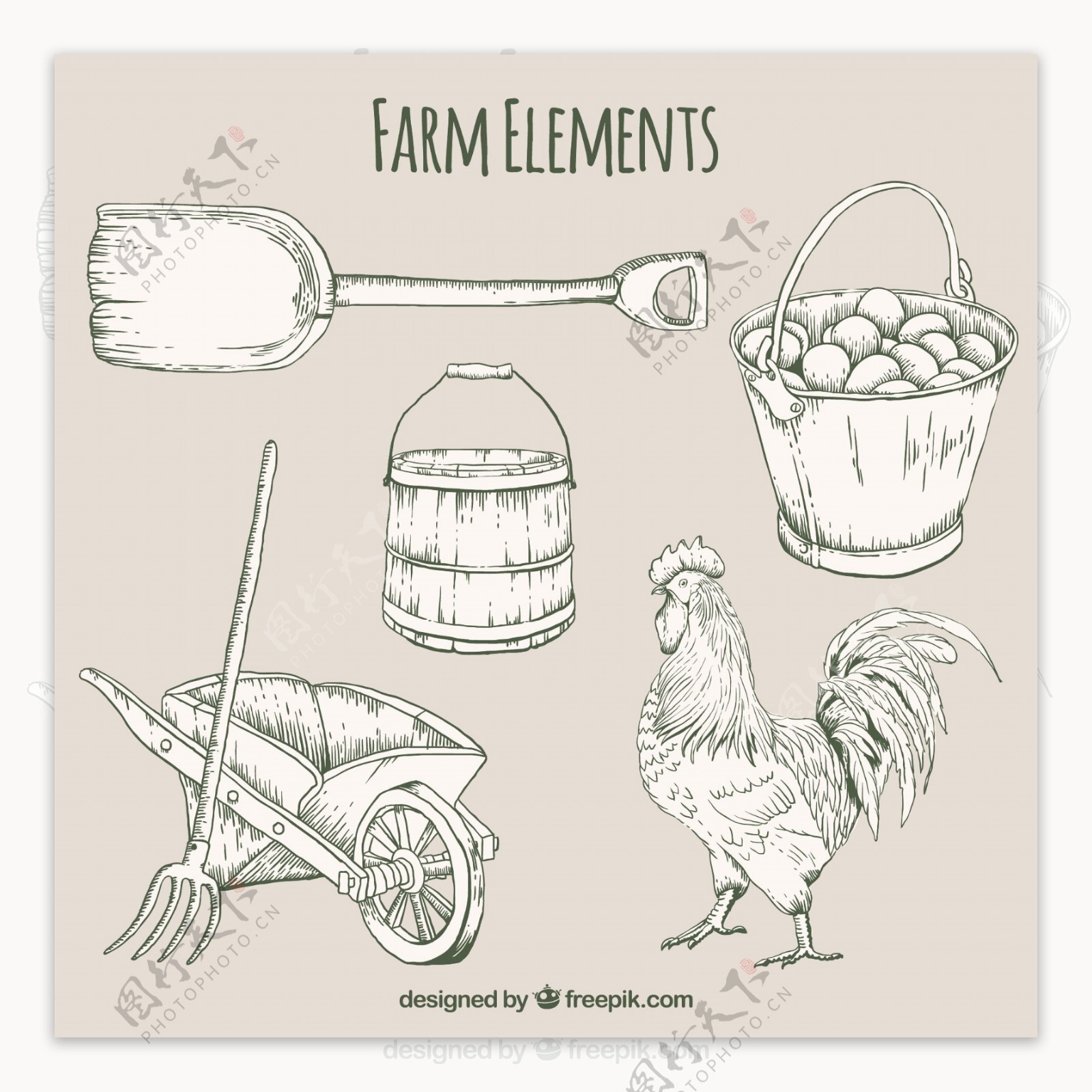 手工绘制有用的农场元素和公鸡