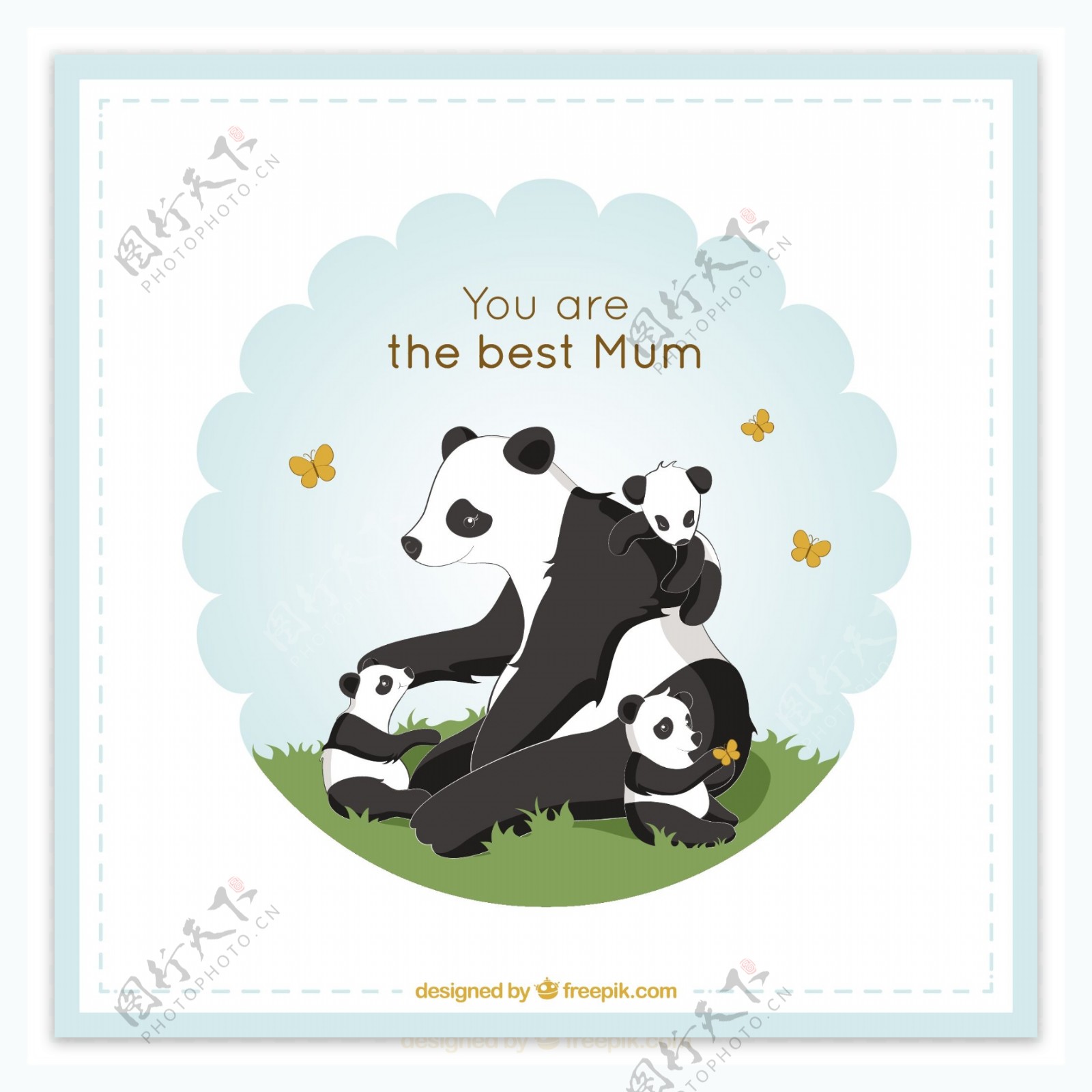 可爱的熊猫妈妈玩她的小狗卡片
