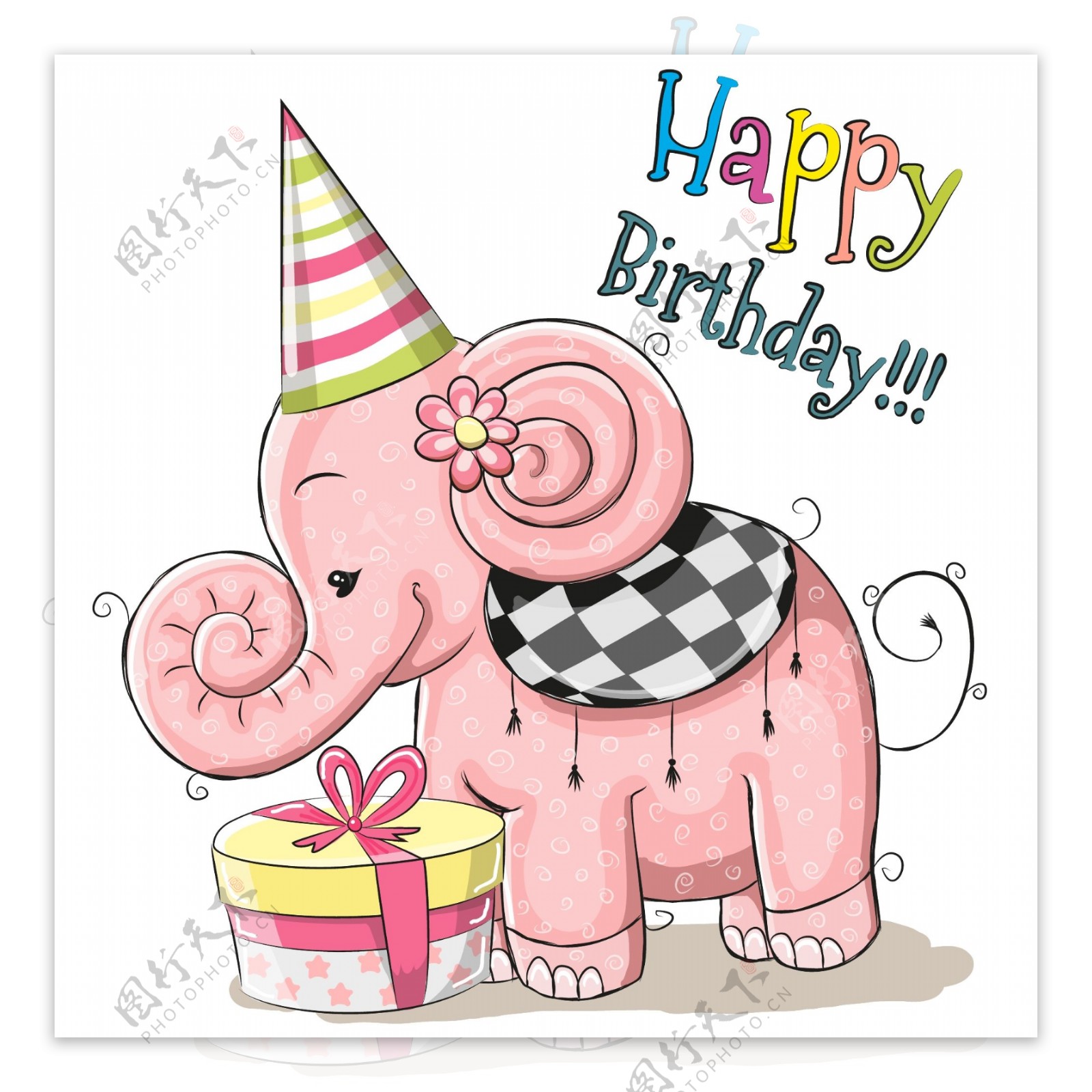 粉色大象生日贺卡矢量素材图片