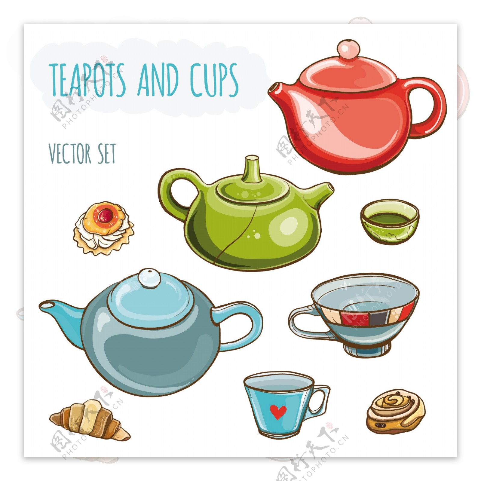 6款彩色茶壶与茶杯矢量素材