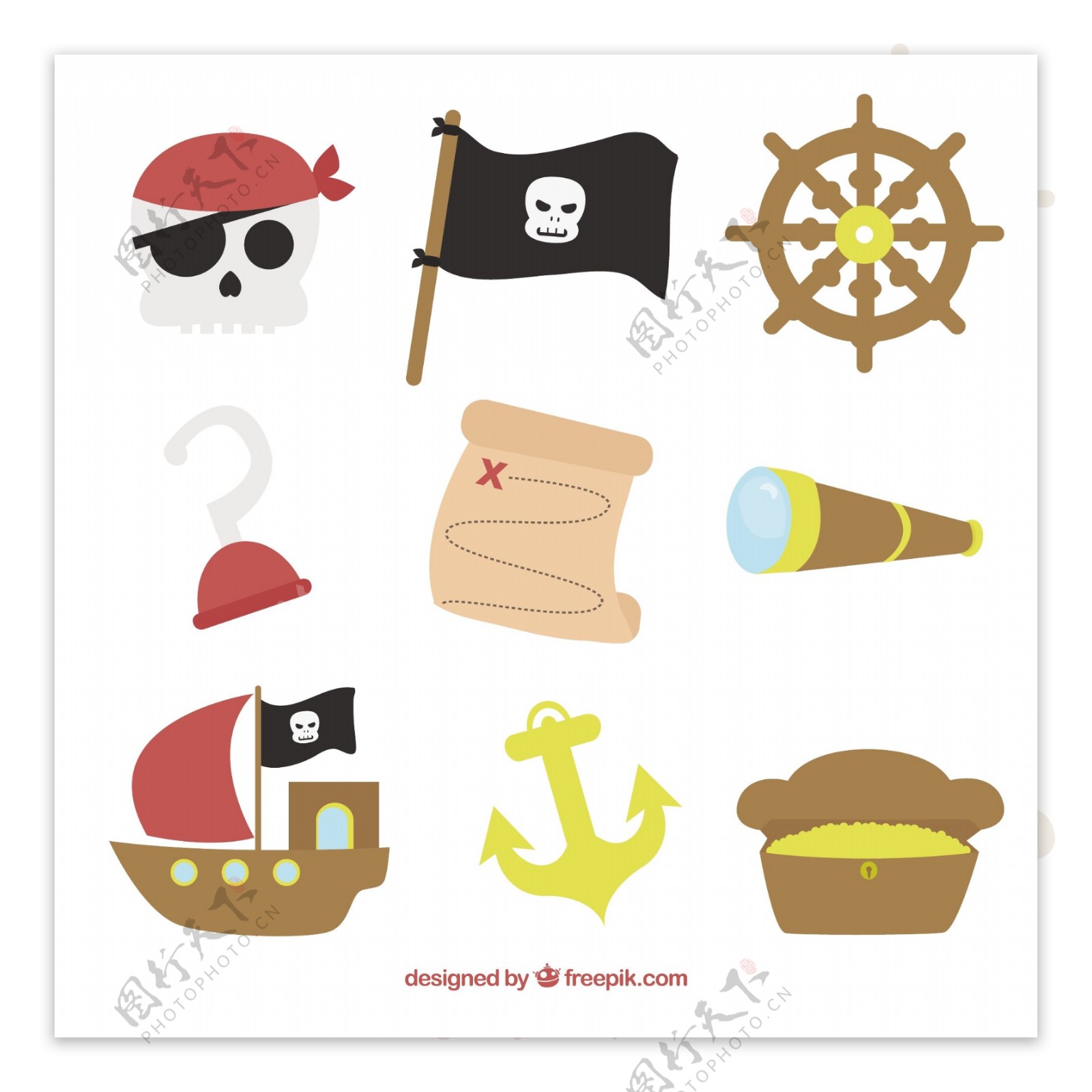 手绘各种海盗元素图标集合