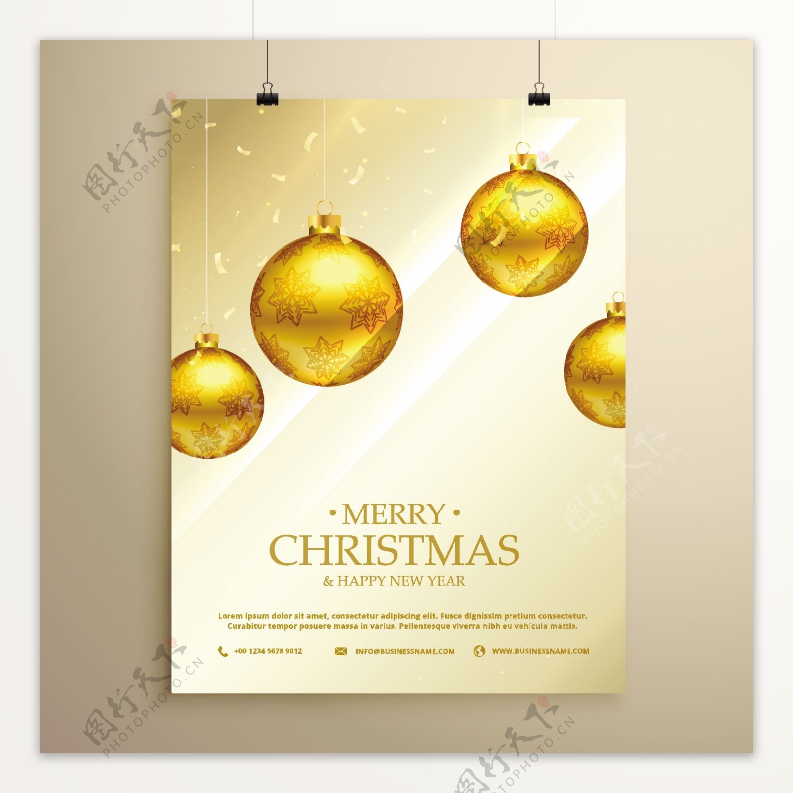 豪华海报用金色的圣诞球和纸屑