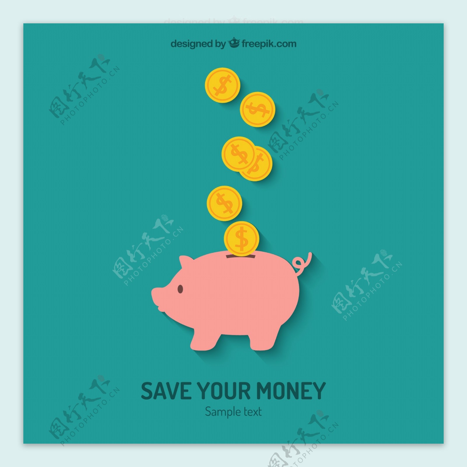粉色小猪存钱罐和金币矢量素材