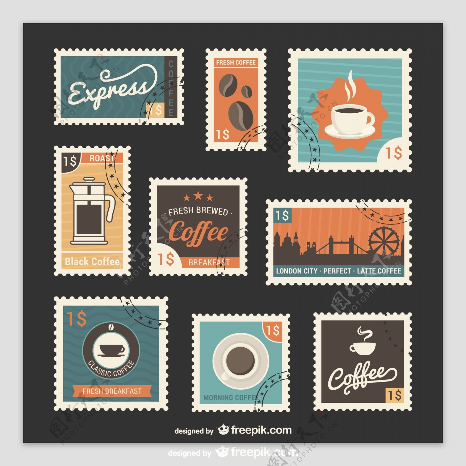复古咖啡邮票设计矢量素材