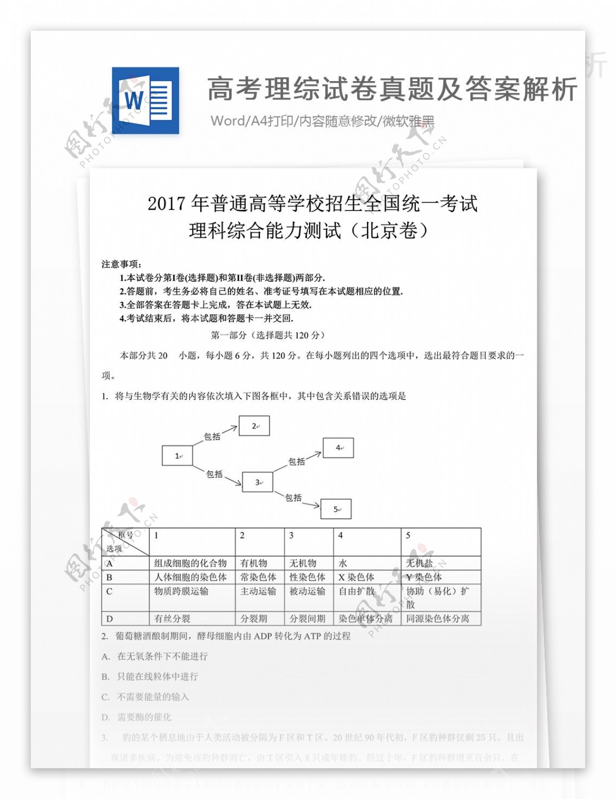 北京卷高考理科综合试题高中教育文档