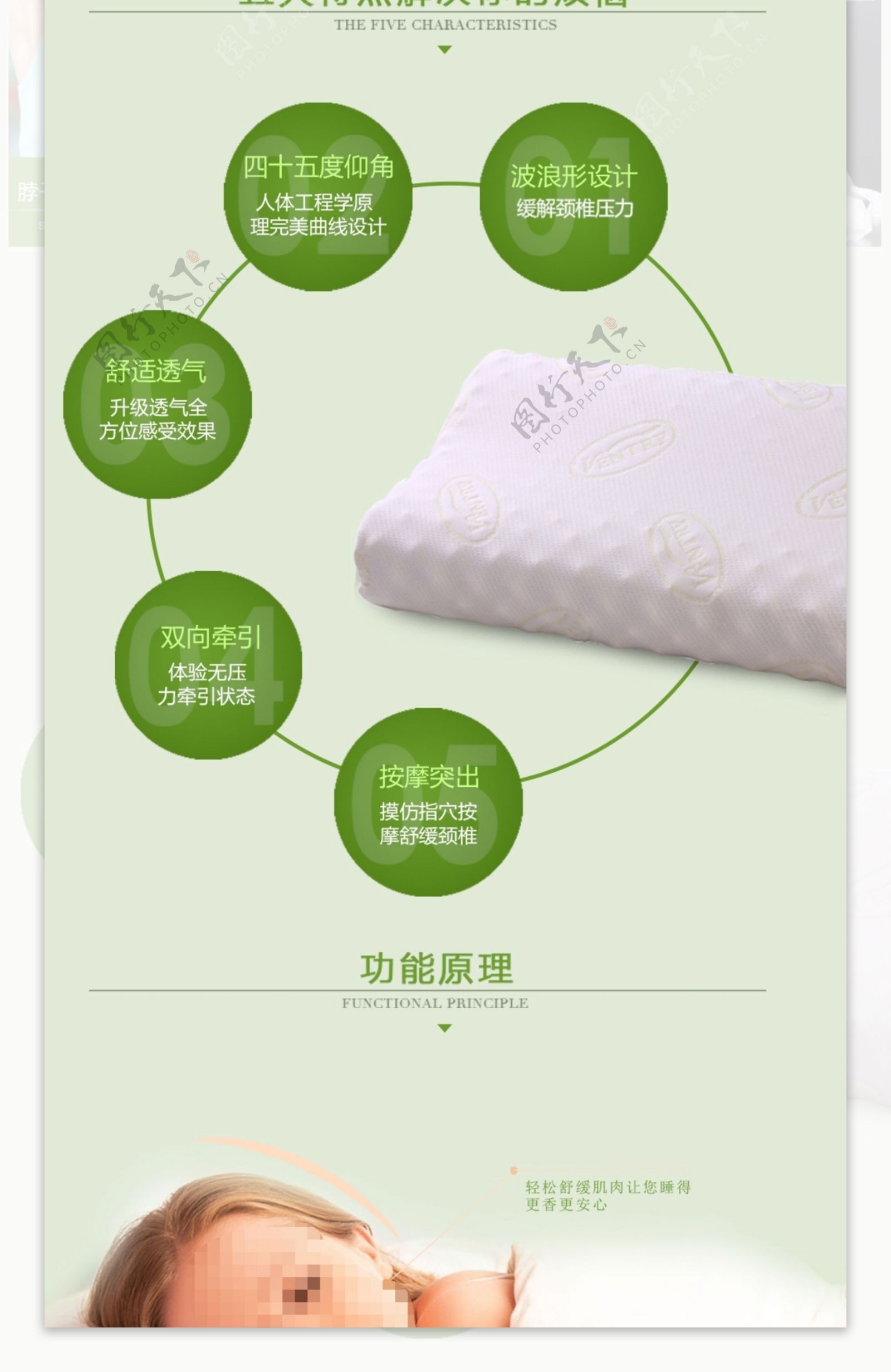 电商淘宝绿色清新环保乳胶枕日用品详情页模板