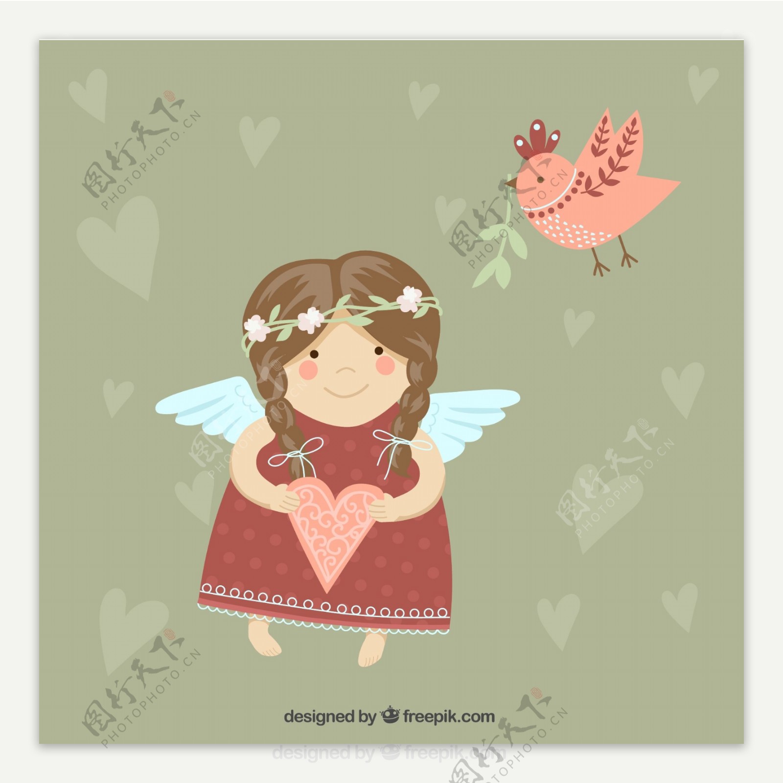可爱天使女孩和小鸟矢量素材