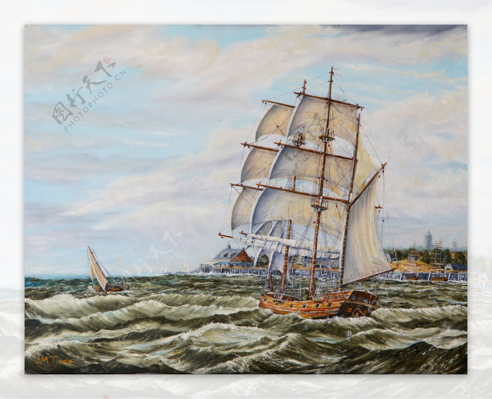 海面上的帆船油画图片