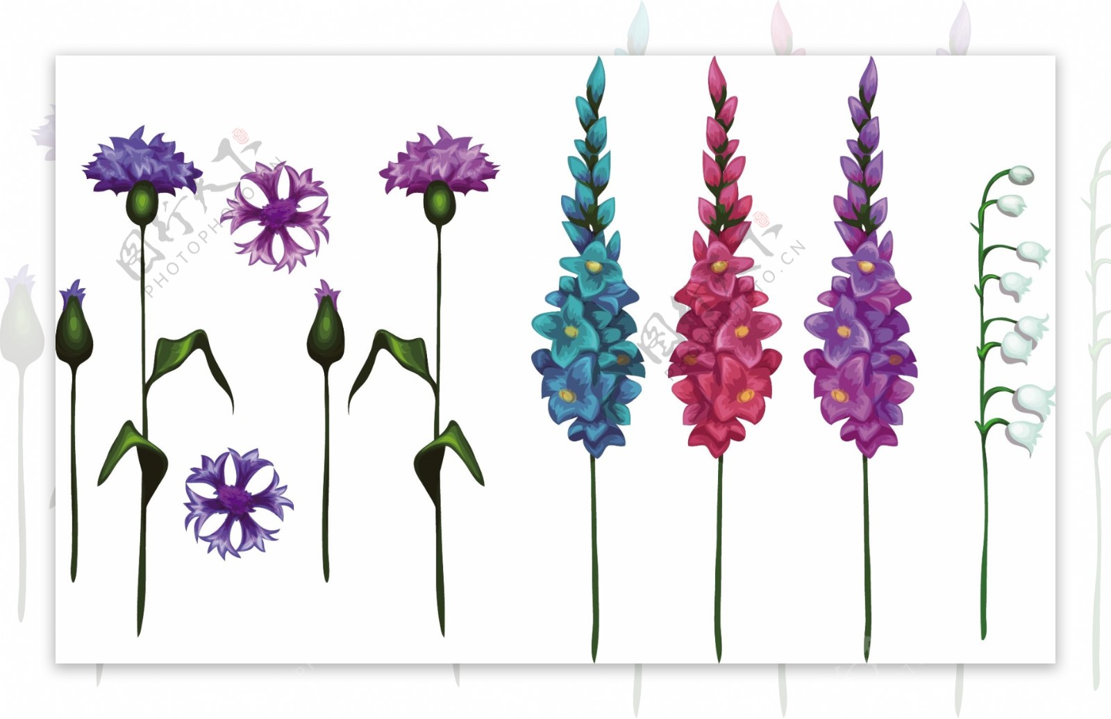 紫色蓝色花朵卡通矢量植物装饰素材