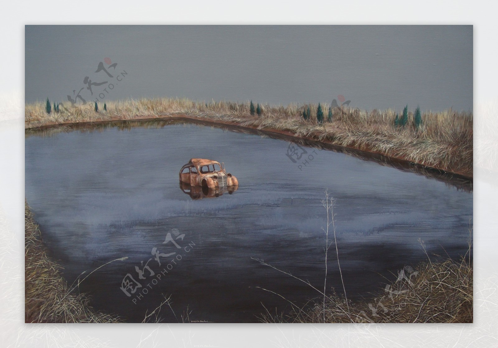 水池里废弃的汽车油画图片