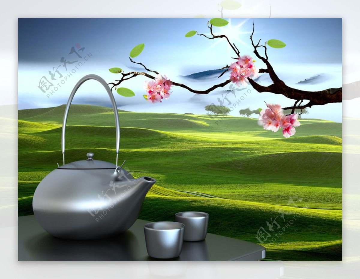 草原风景与茶壶图片