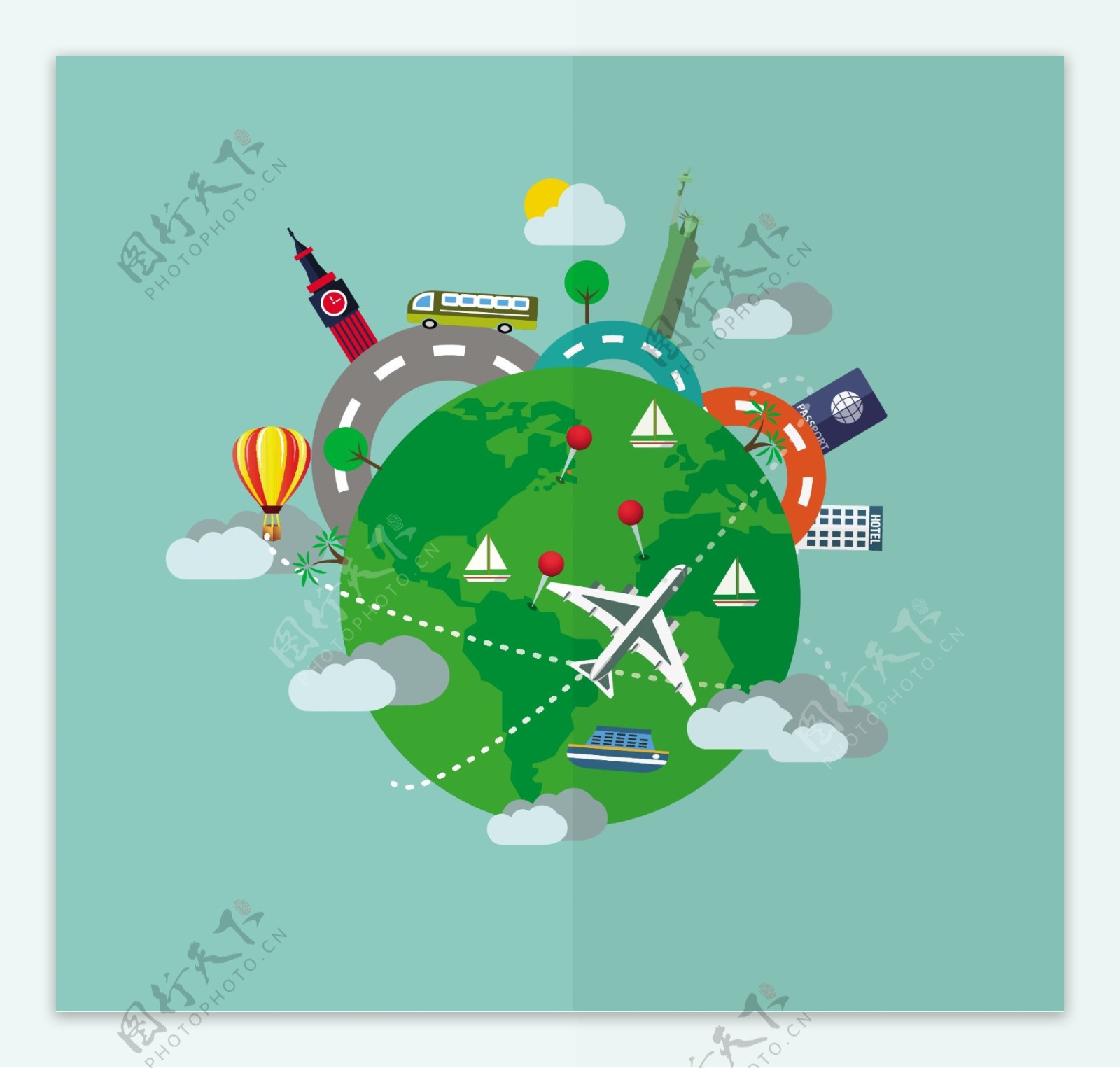旅游矢量插图与飞机和地球自由向量