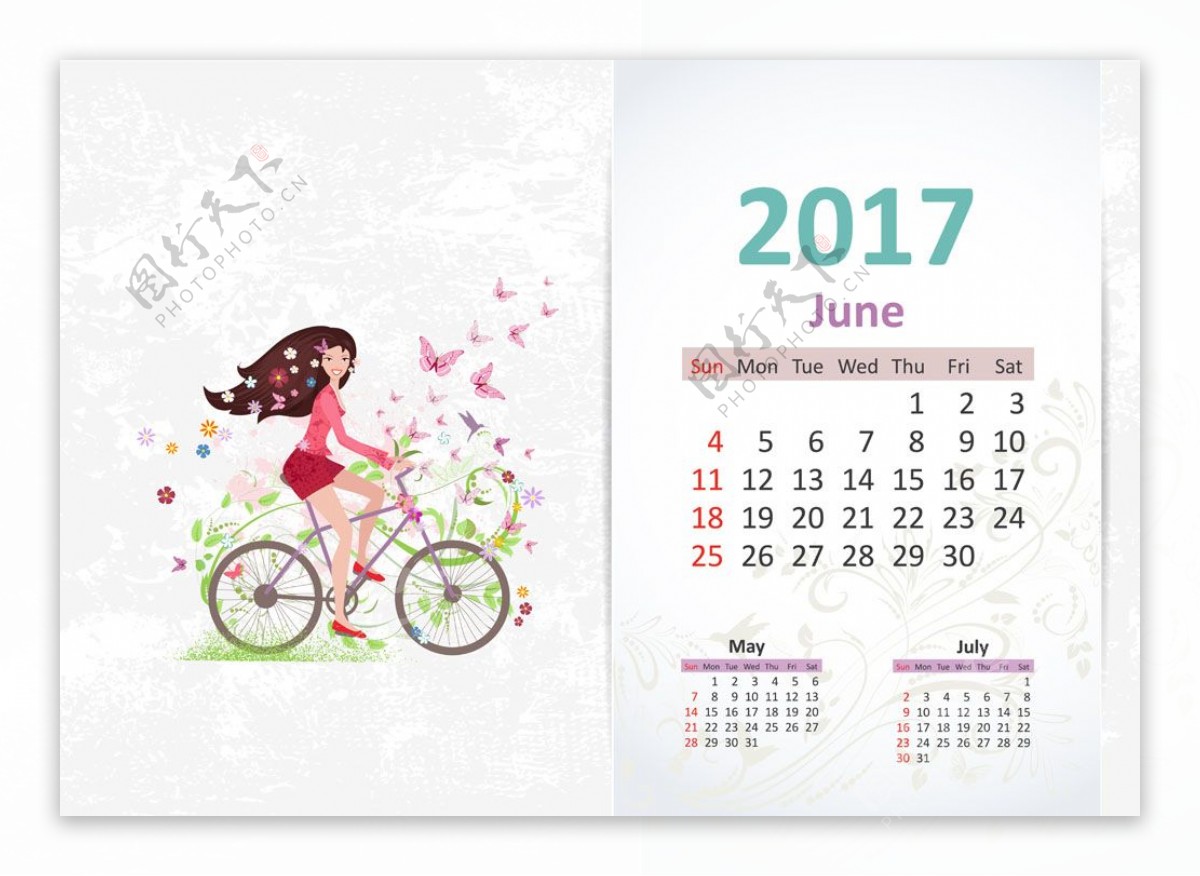 自行车上的女孩台历设计图片