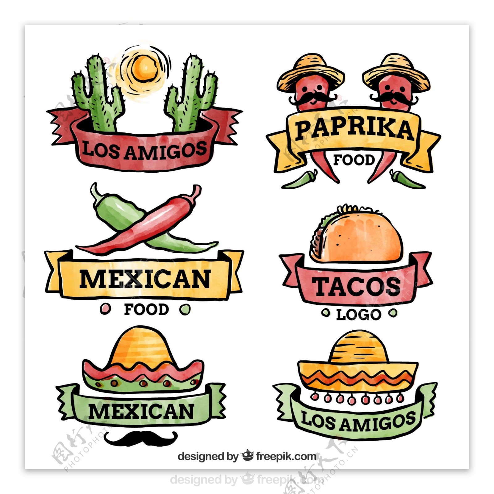 6款水彩绘墨西哥食物标签矢量素材