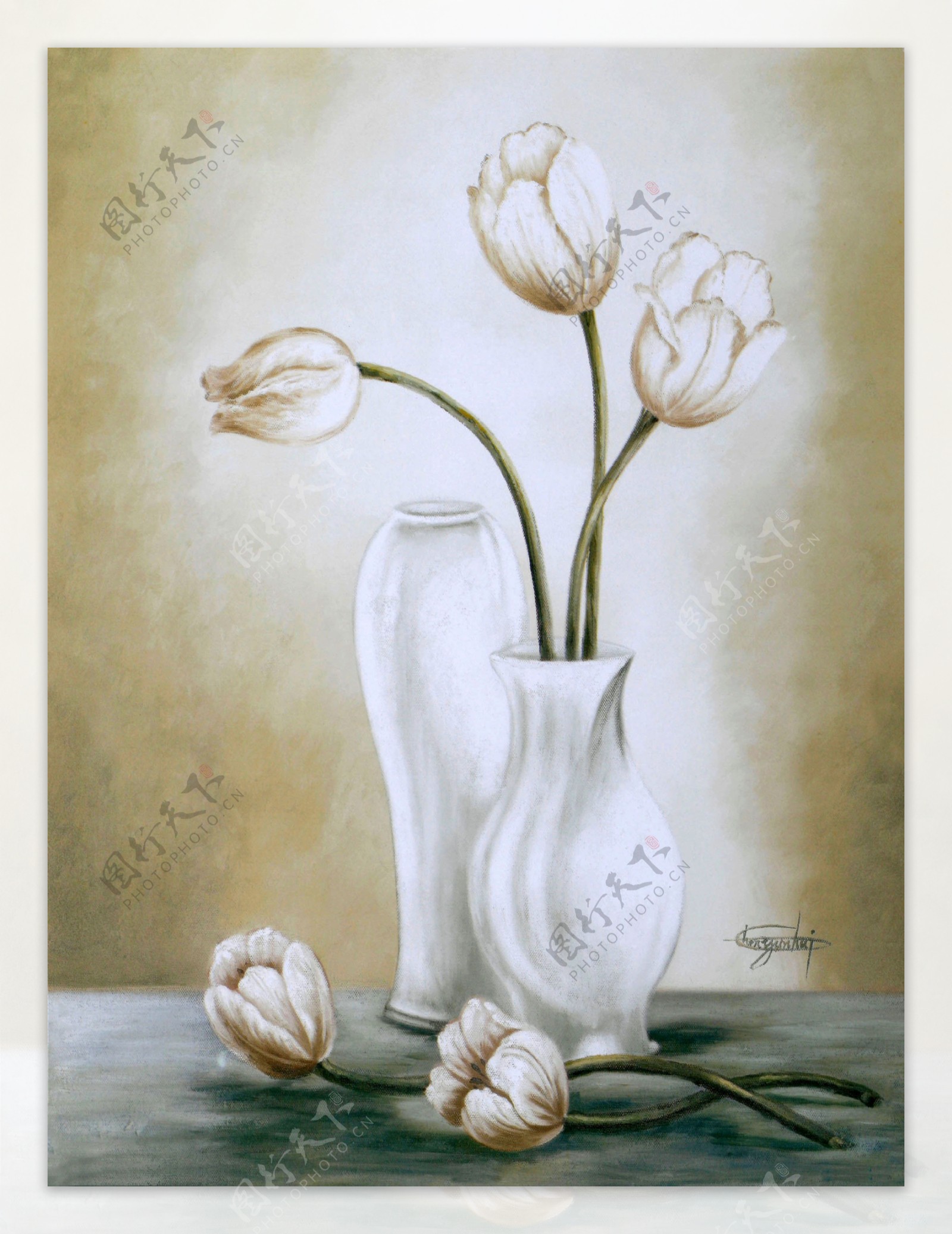 白色花瓶鲜花油画