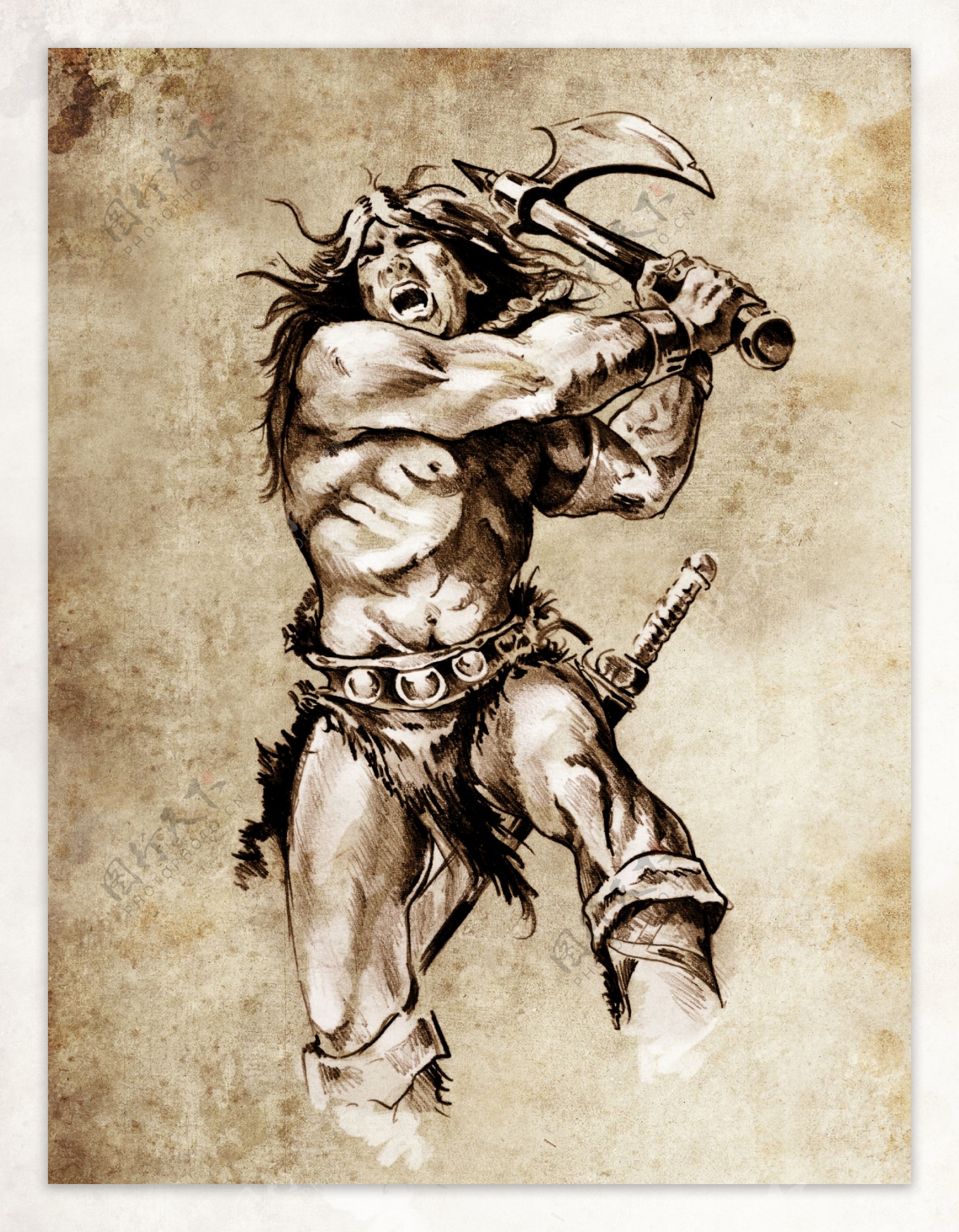 拿战斧的古代战士纹身图案图片