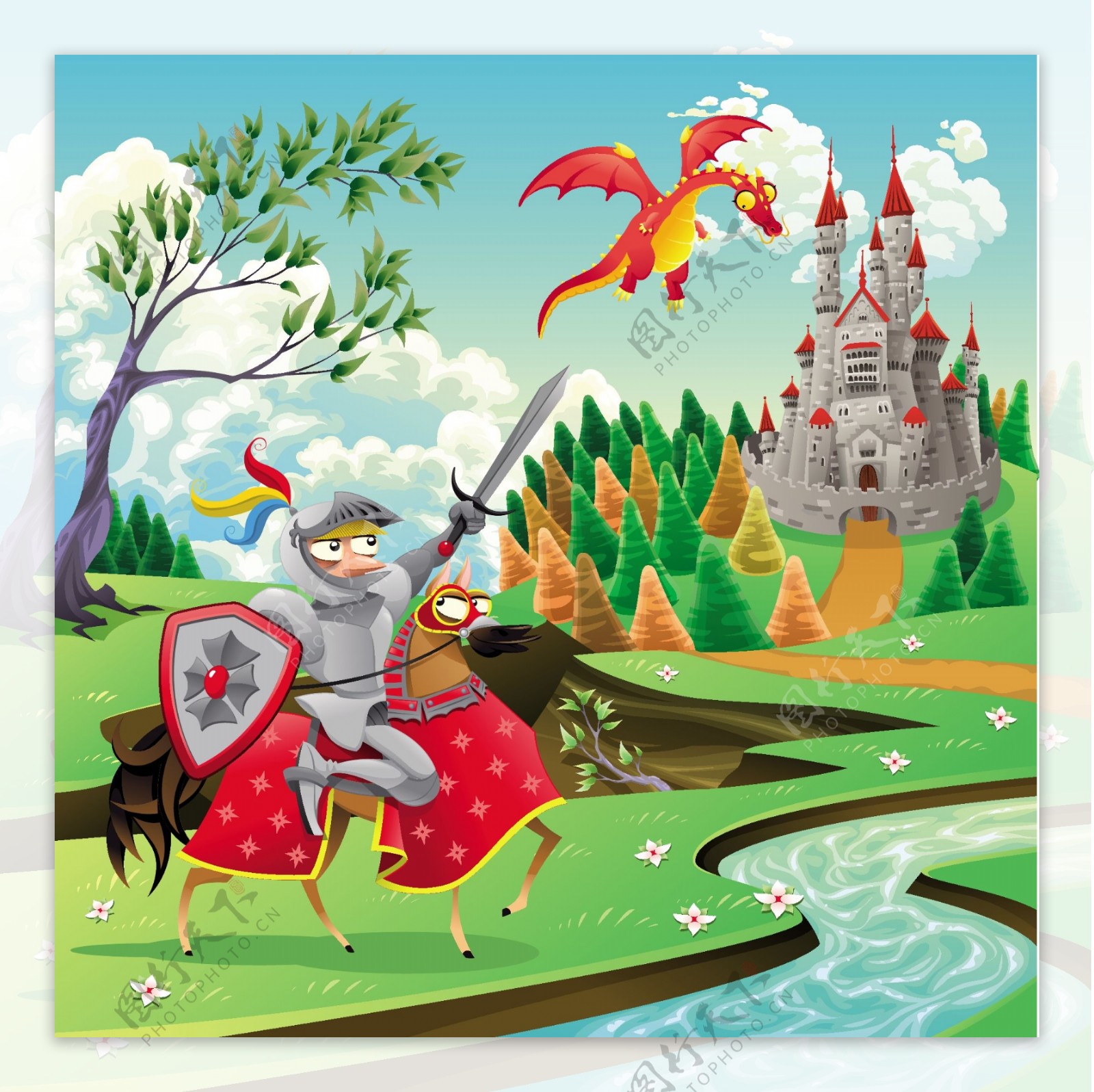 城堡外和龙战斗的骑士卡通画