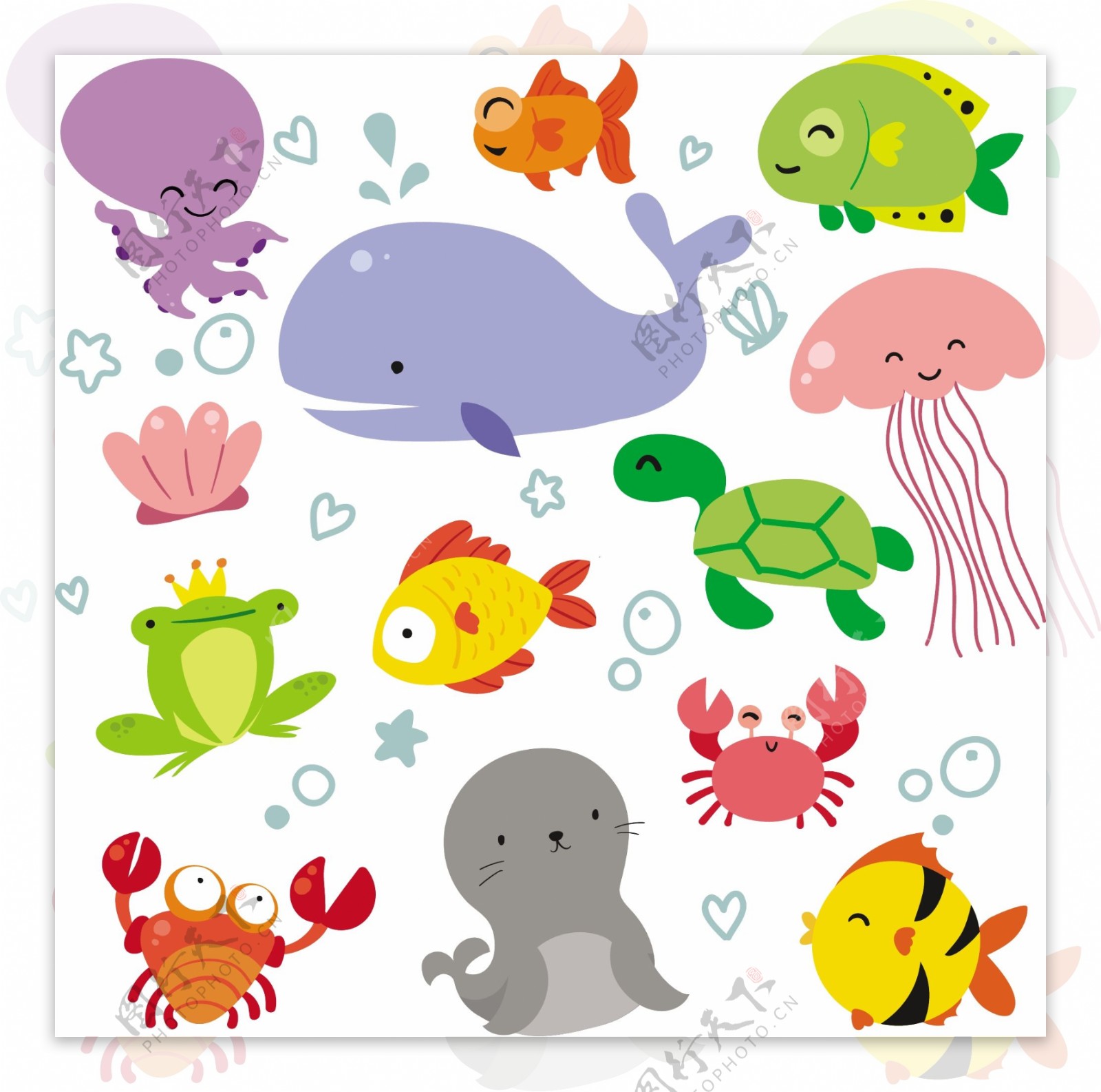 一组彩色海底动物生物素材