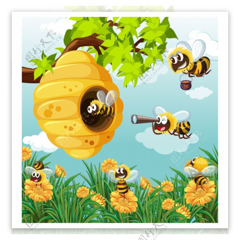 春天气息蜜蜂蜂巢花朵矢量素材