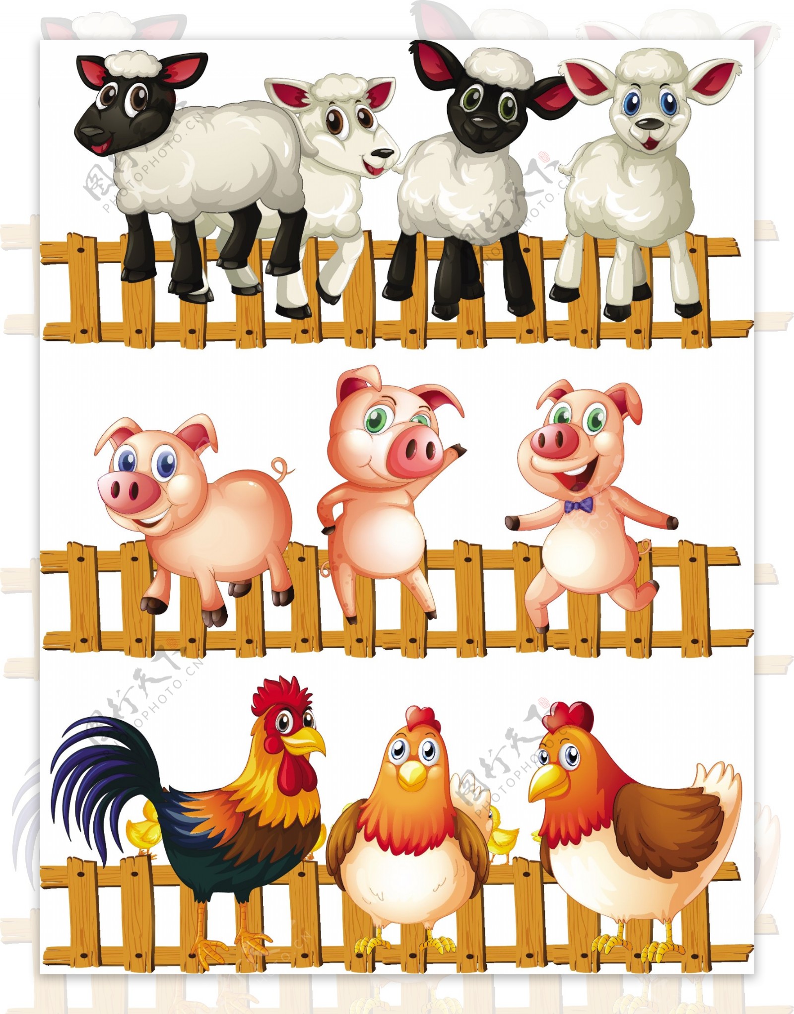 木制围栏后面的农场动物插图