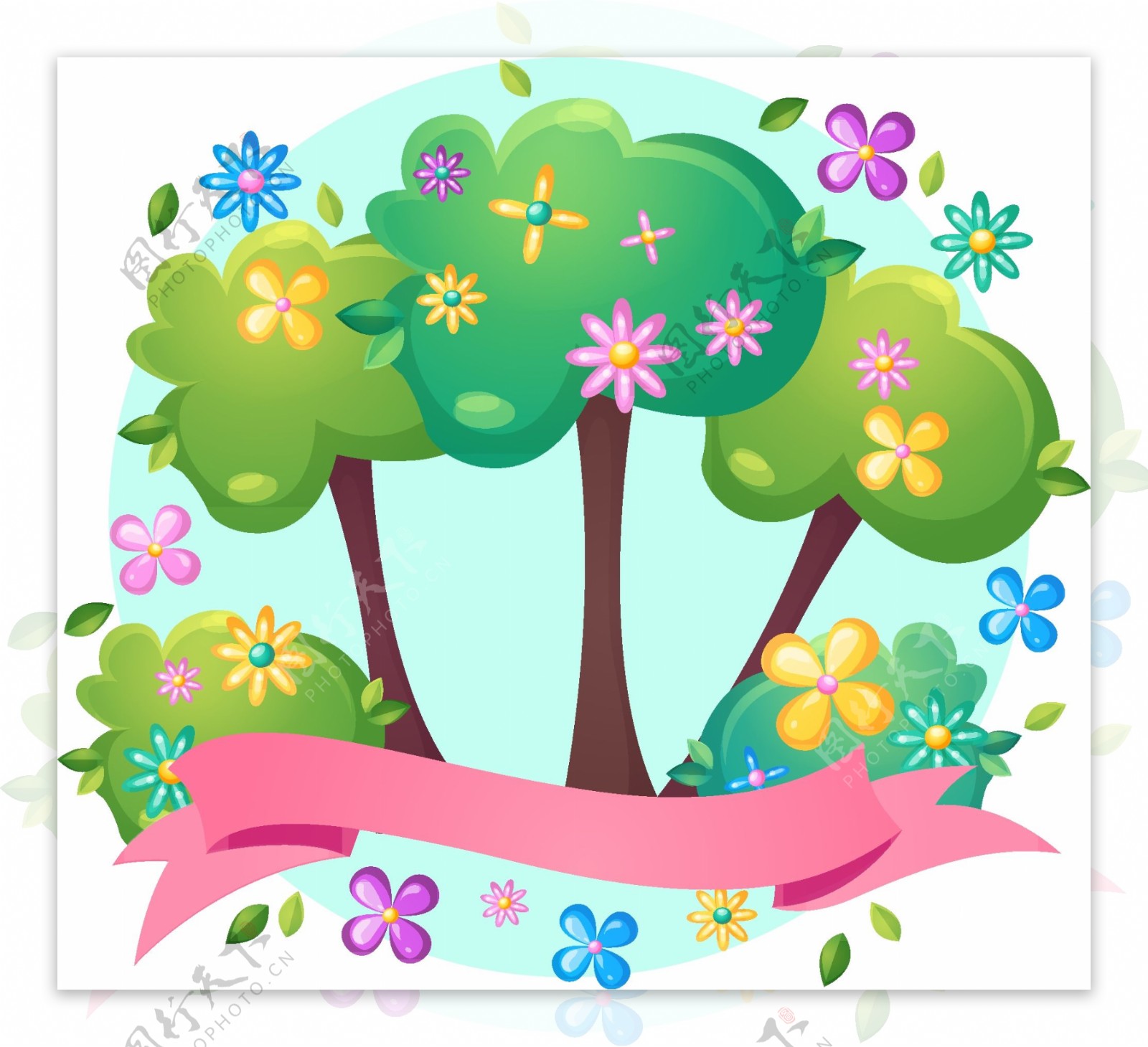 手绘卡通绿色大树花朵元素
