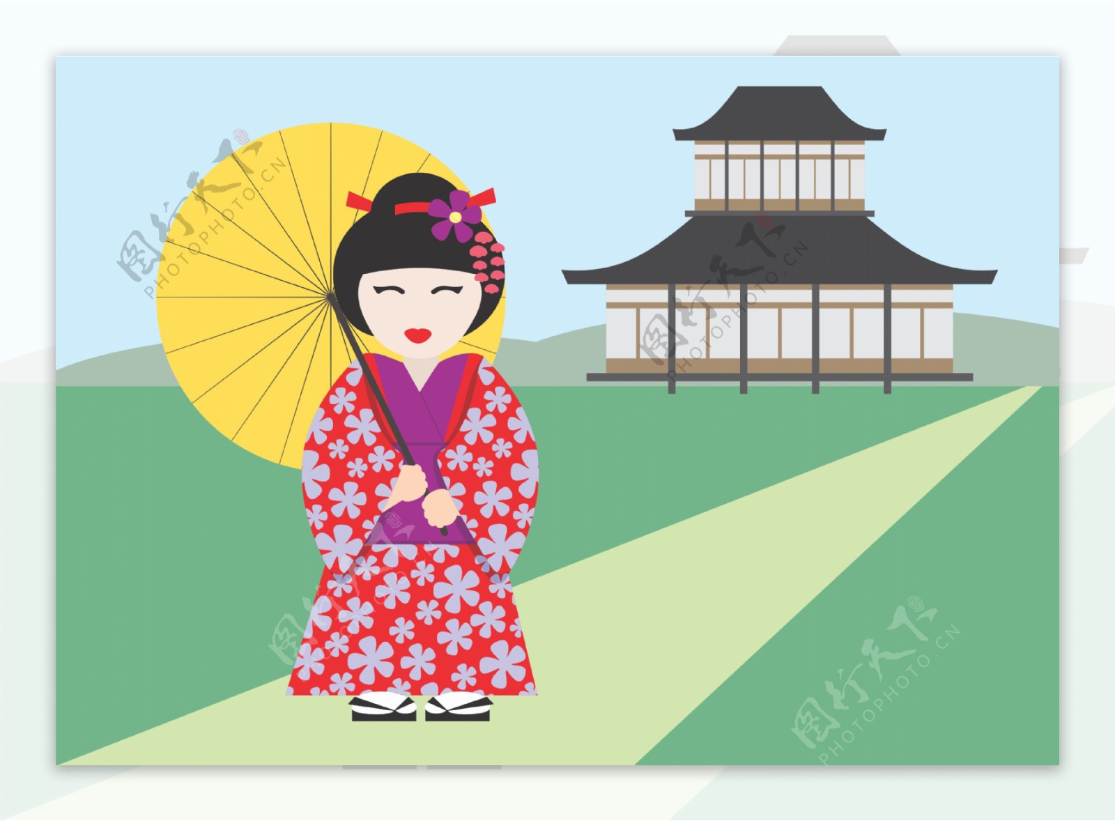穿着传统和服的日本女孩图标矢量