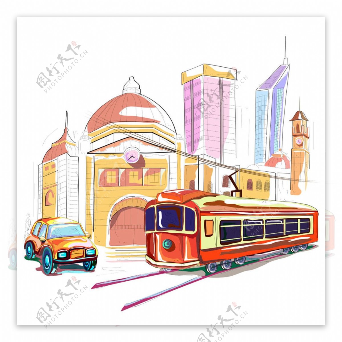 彩色欧式建筑和巴士图片