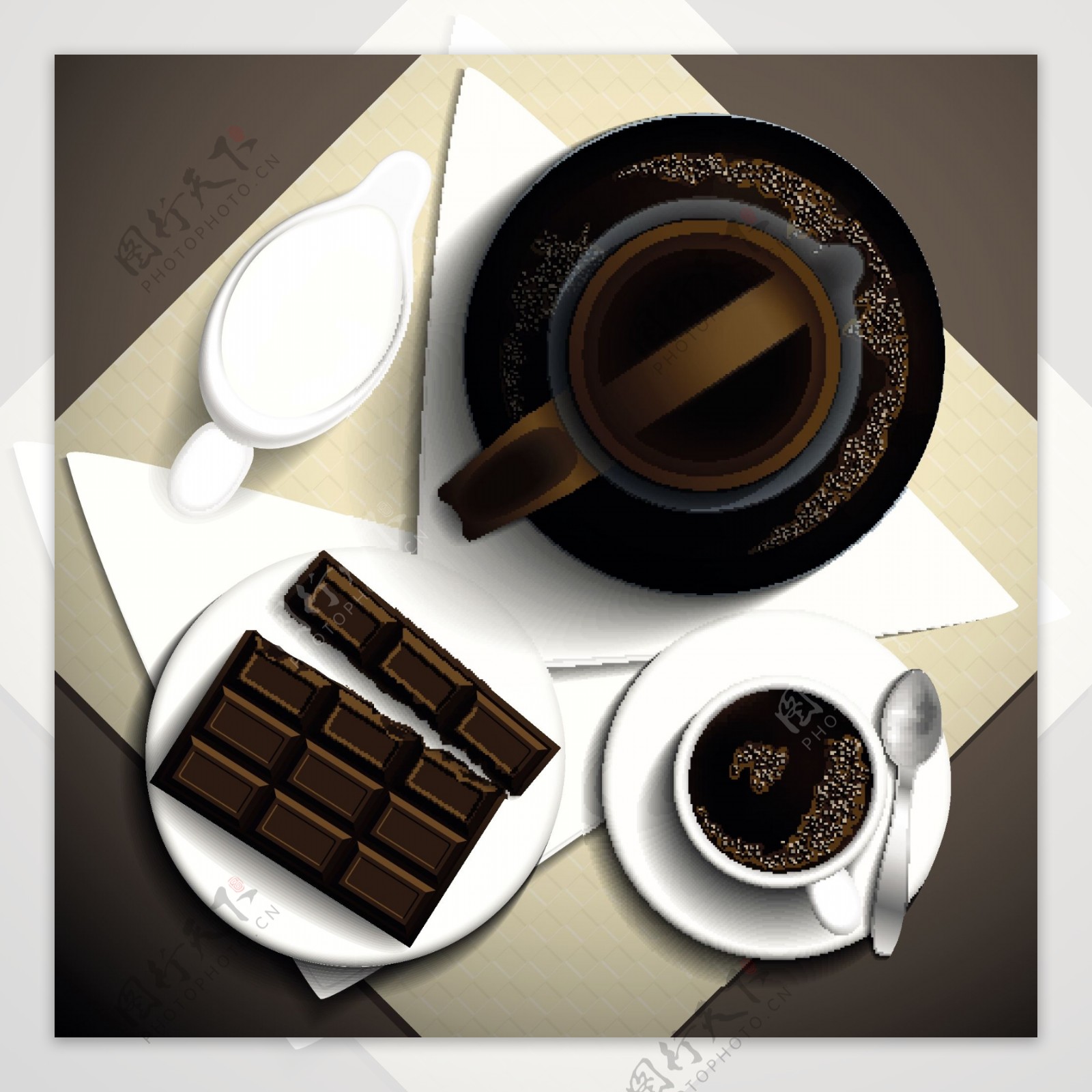 美味咖啡和巧克力俯视图矢量素材