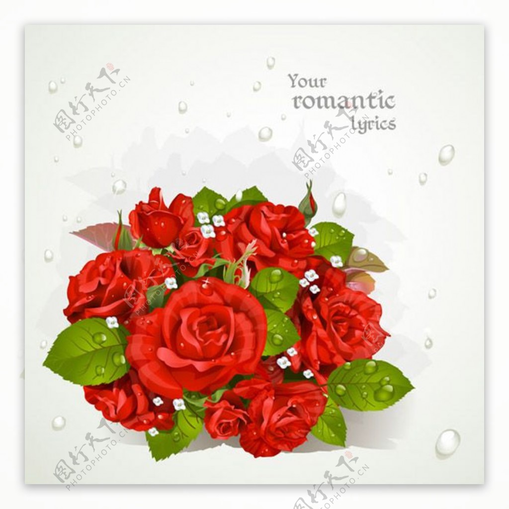 带水珠的红色玫瑰花束贺卡矢量素材下载