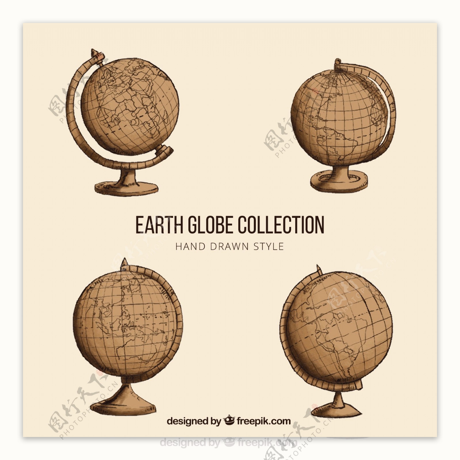 四个复古风格地球仪矢量图标素材
